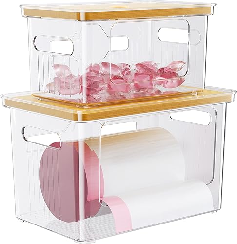 Delamu Acrylic Trash Bag Holder, 2 Pack (XL+S) Stackable Garbage Bag Dispenser, Clear Organizer Bins for Under Sink Organization, Pantry Storage