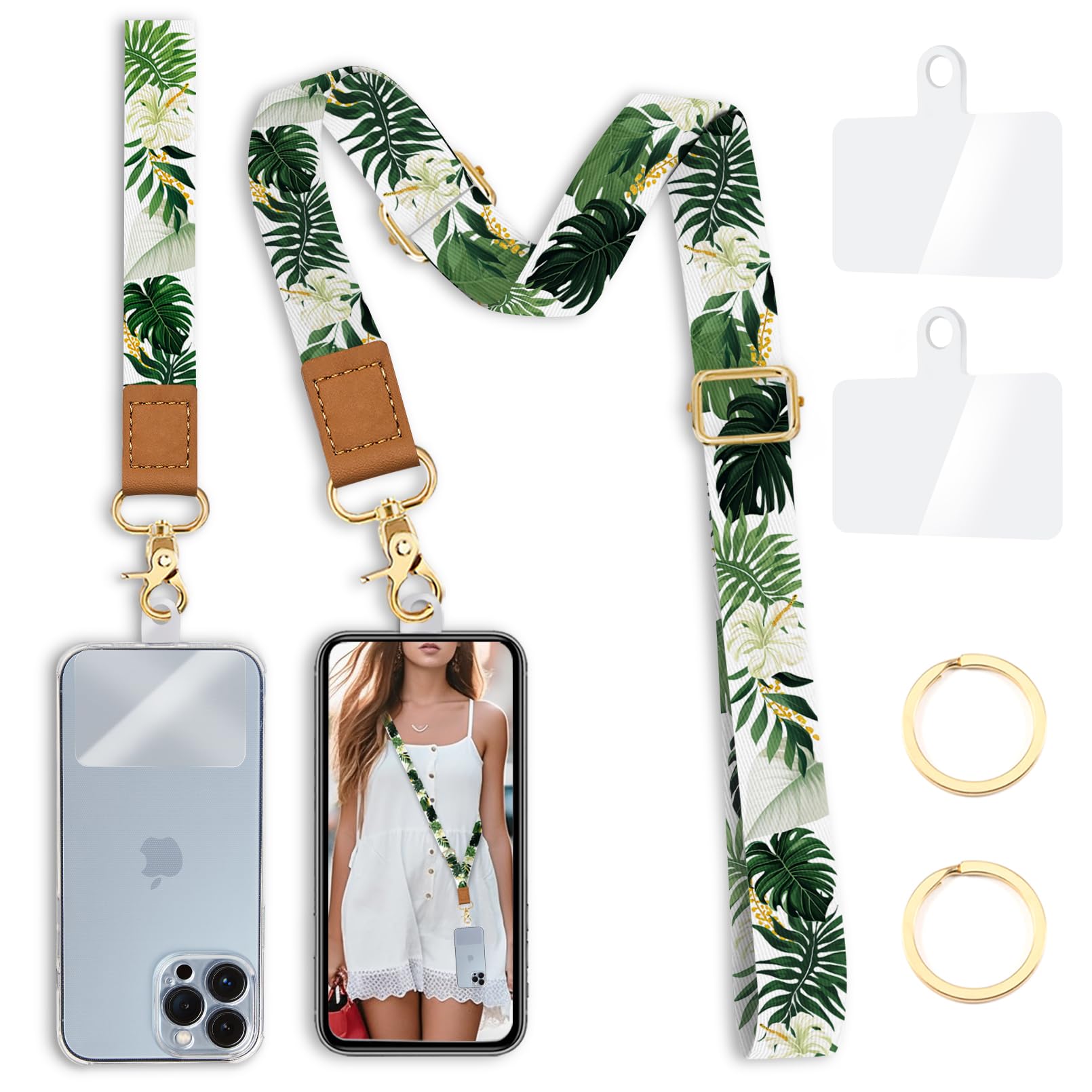 Yonlevres Cell Phone Lanyard Crossbody with Wrist Strap, Green Leaf Lanyards for around the Neck Wristlet Adjustable Phone Strap Cute for Keys Case ID