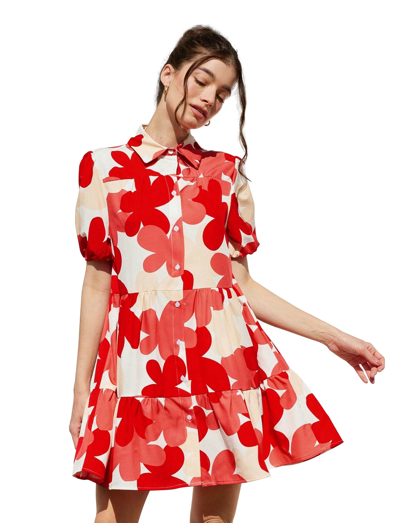 Shasmi Women's Red Flower Print Short Sleeve Button Front All-Over Printed Dresses, Ruffle Hem Smock Dress For Woman (161 Dress Red-2Xl)