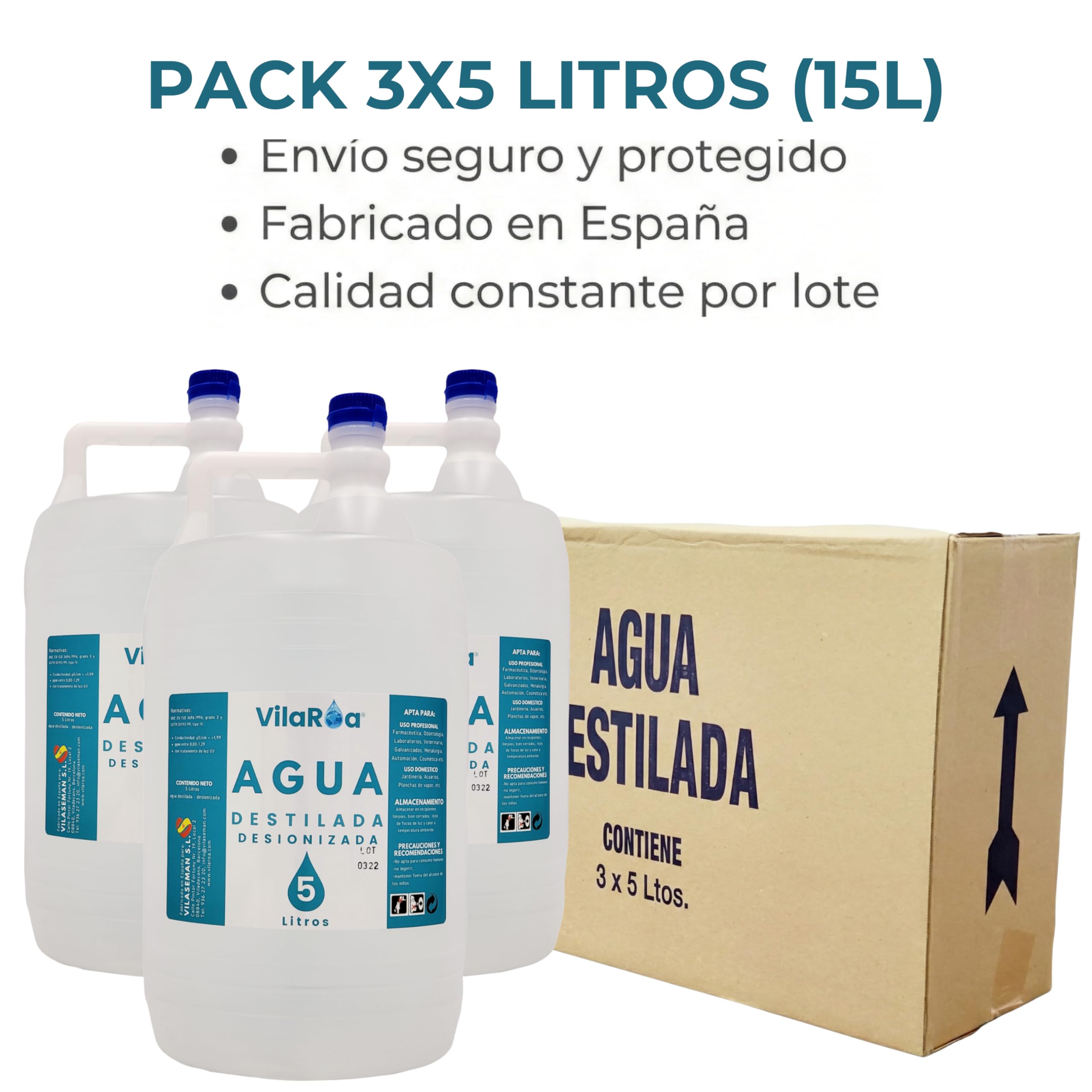 Agua Destilada Desionizada 3 Garrafa de 5 Litros, Agua Desmineralizada Alta Pureza Técnica para CPap, Autoclave, Humidificador, Plancha, Motores, Limpieza, Laboratorio, Plantas, Acuario, Bateria