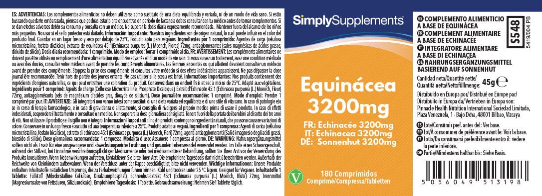 Equinacea 3200mg - Bote para 1 año - Apta para veganos - 360 Comprimidos - SimplySupplements
