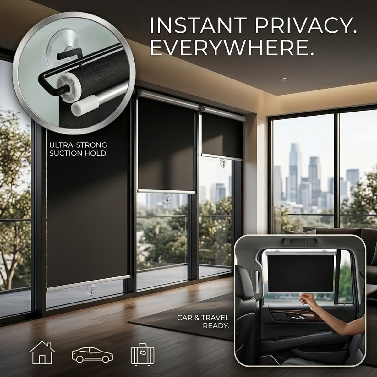 Tende Oscuranti per Finestre con Ventose, Tenda a Rullo Oscurante Senza Fori, Parasole Retrattile Protezione Solare, Termica Isolante per la Privacy, per Ufficio Casa Bagno(65Wx125H cm)