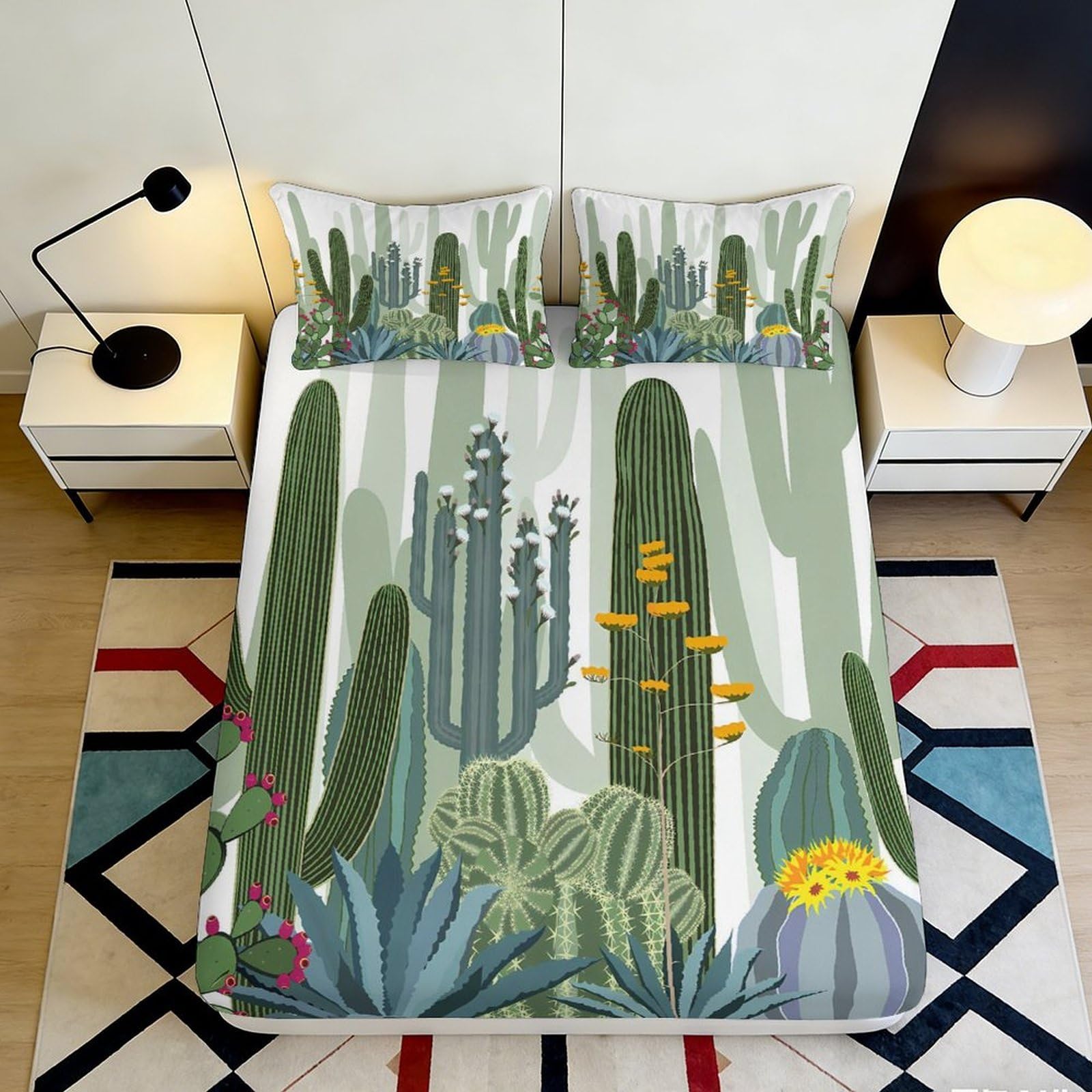 Uynsixtme Style-7 3D Printed Cactus Fitted Sheet Microfiber Deep Pocket Non-Slip Bedroom Decor Cactus Mattress Fitted Cover Adult 140X200x25cm