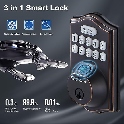 Miniatura 8 de Secustone Cerradura inteligente  Cerradura de puerta de entrada sin llave  Cerradura de cerrojo inteligente para puerta delantera con 2 llaves de