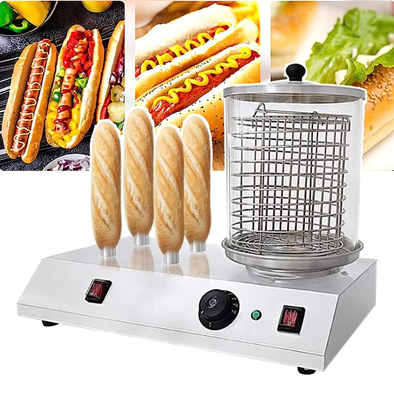 Electric Sausage Grill Cooker Machine,Hot Dog Roller Machine,Bun Warmers Machine,w/Detachable Glass Cover&Heating Aluminum Rod