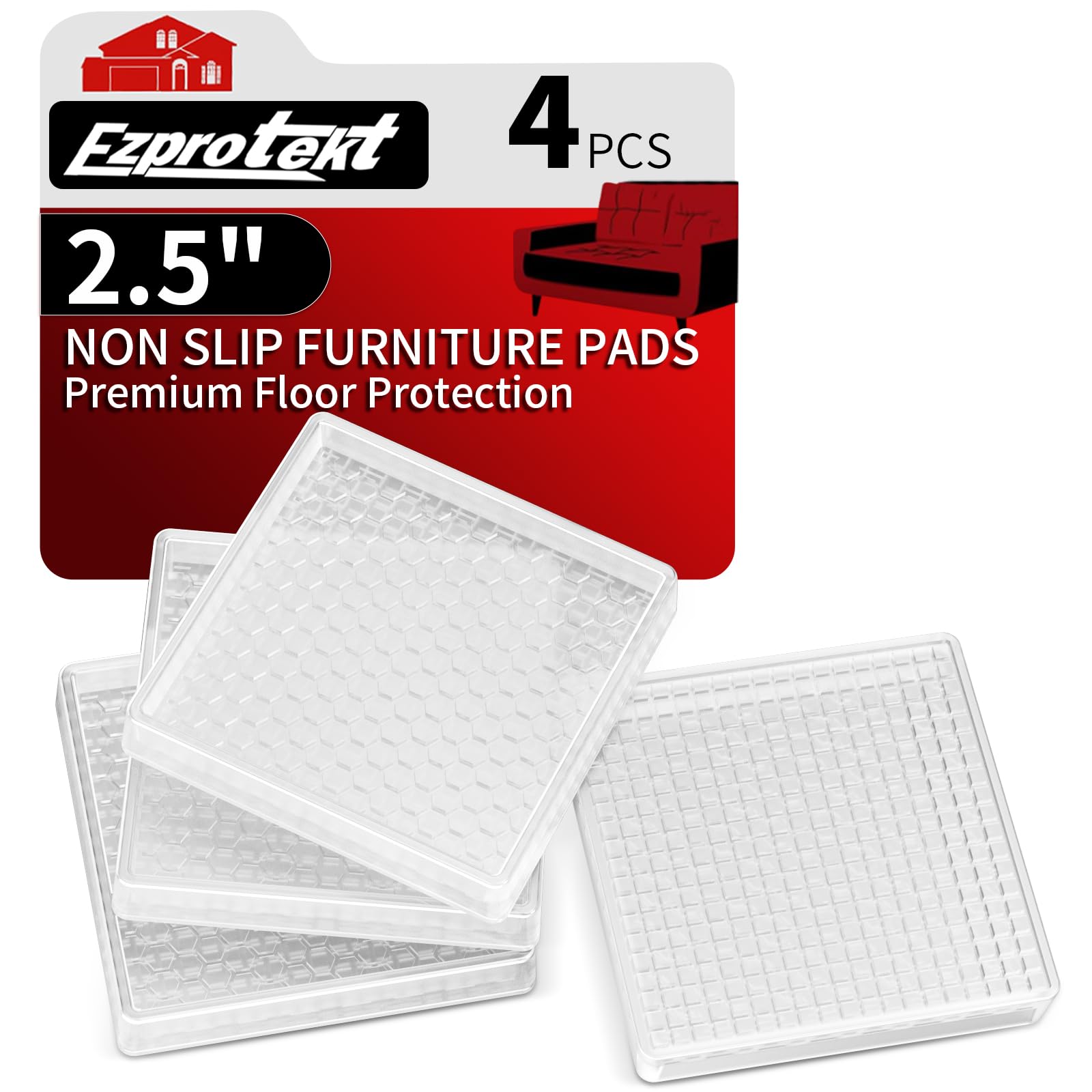 Ezprotekt Non Slip Furniture Pads, 4 Pcs 2" Rubber Caster Cups, Anti Skid Furniture Coasters for Hardwood Floors, No Slide Furniture Gripper, Floor Protector for Bed Couch Furniture Stoppers (Clear)