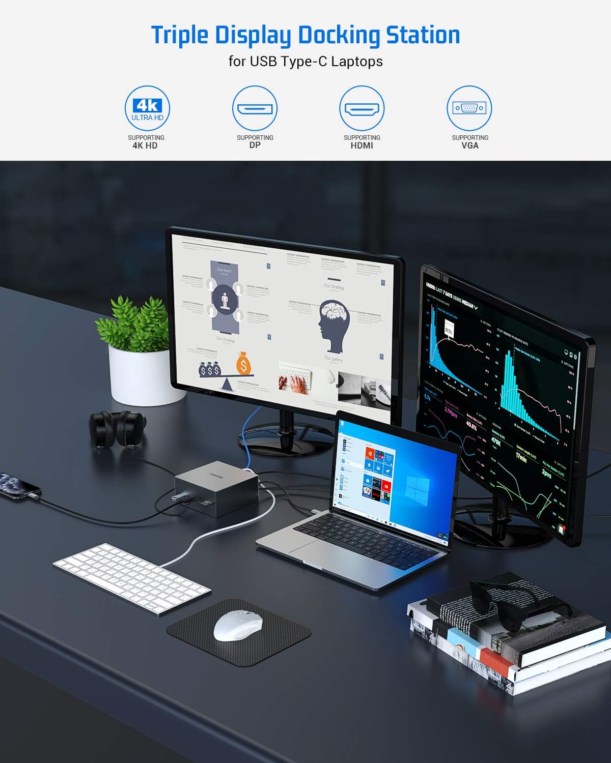USB-C Docking Station 16 in 1 Triple Display USB C Dock with Charging Support, 4K HDMI, DP, VGA, 7 USB Ports, Ethernet, SD/TF Card Reader for MacBook and Windows, MacOS only Support Mirror Mode
