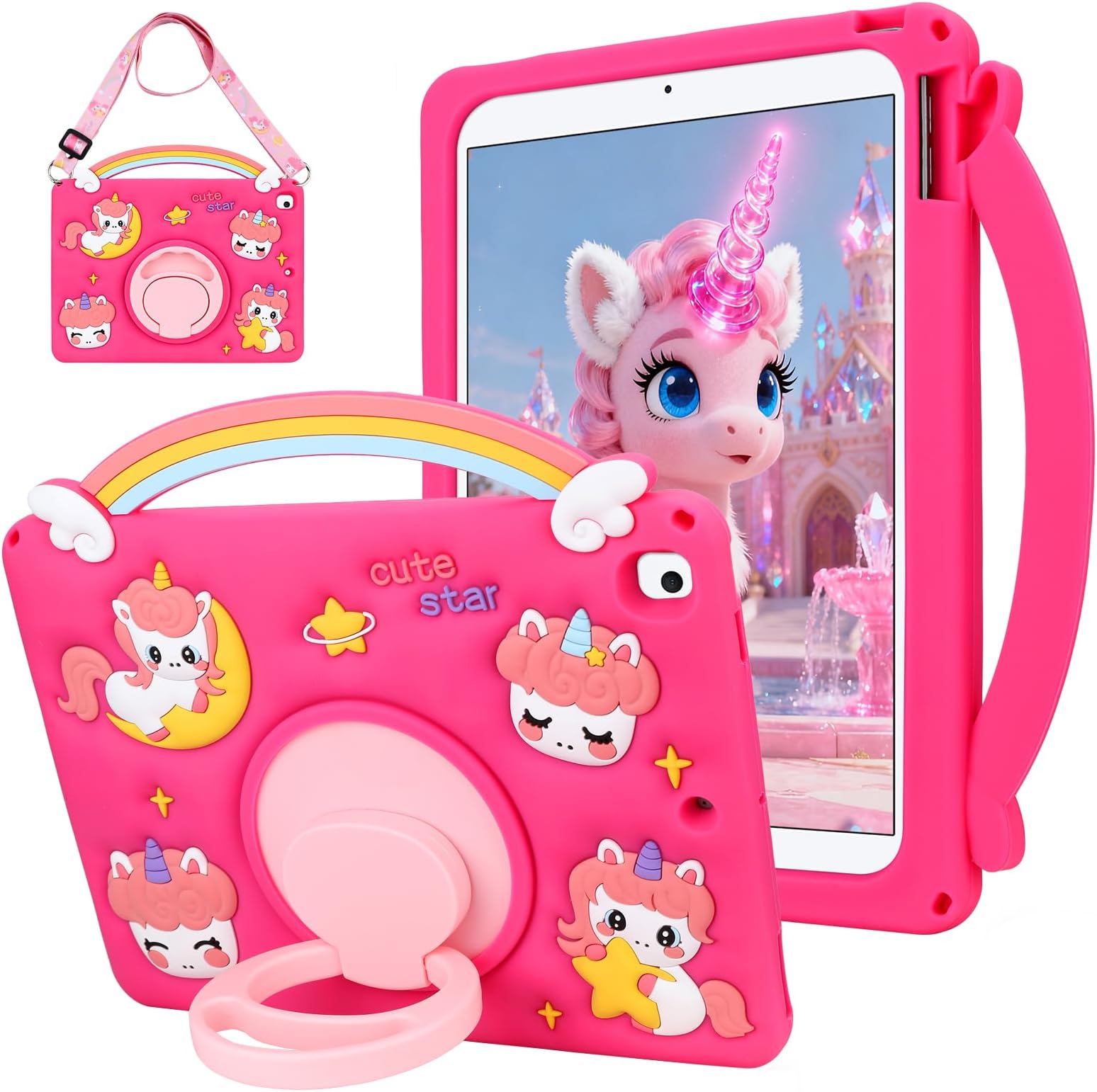 for iPad 9th/ 8th/ 7th Generation Case (2021/2020/2019) Cute Rainbow Unicorn iPad Case 10.2 Inch for Kids Girls Teens with Strap Rotating Stand Handle Silicone Cover for iPad Cases 9th Gen