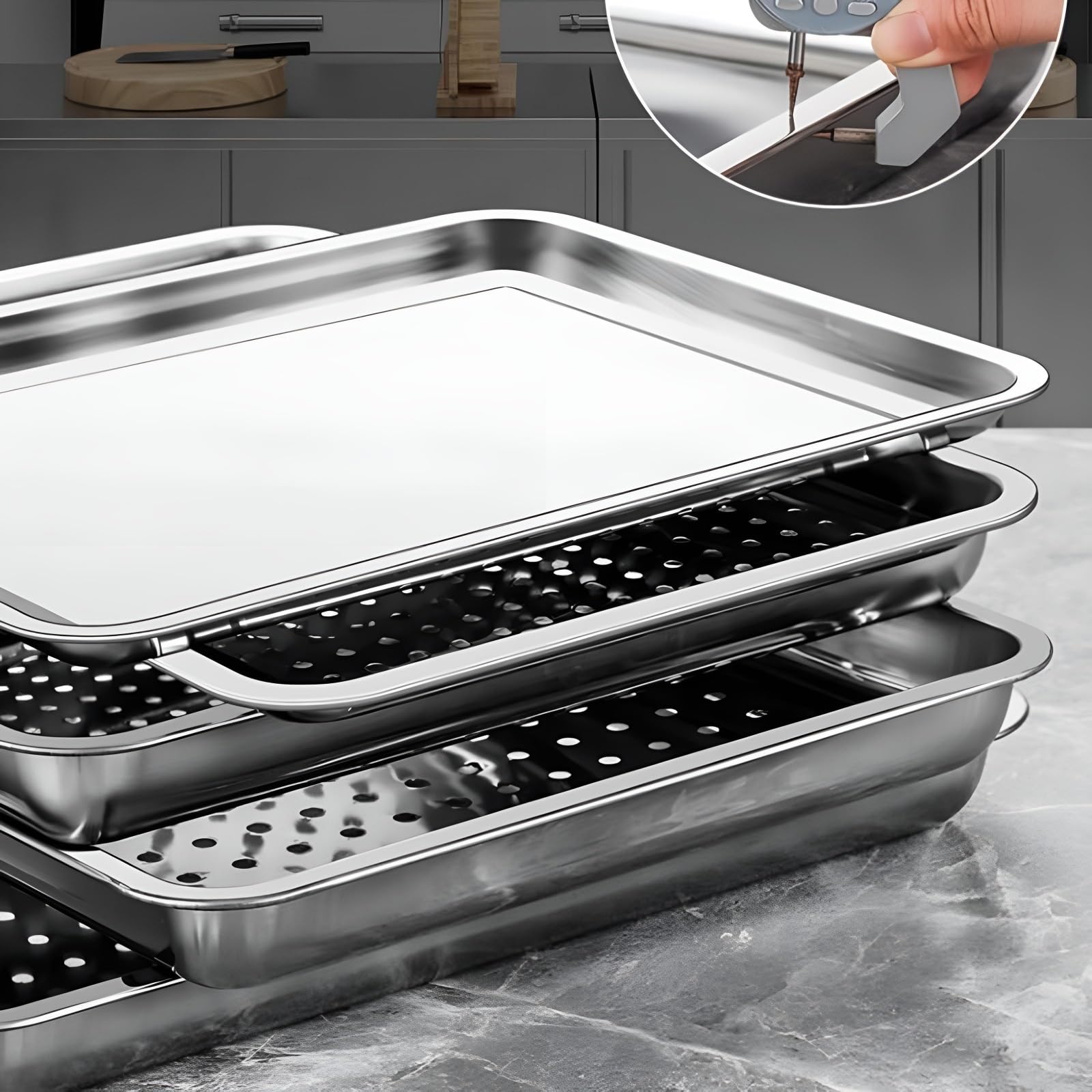 Set di 2 teglie da forno rettangolari in acciaio inox, per arrostire e servire, facili da pulire, ideali per una cucina sana (49,5 x 34,5 x 2 cm)