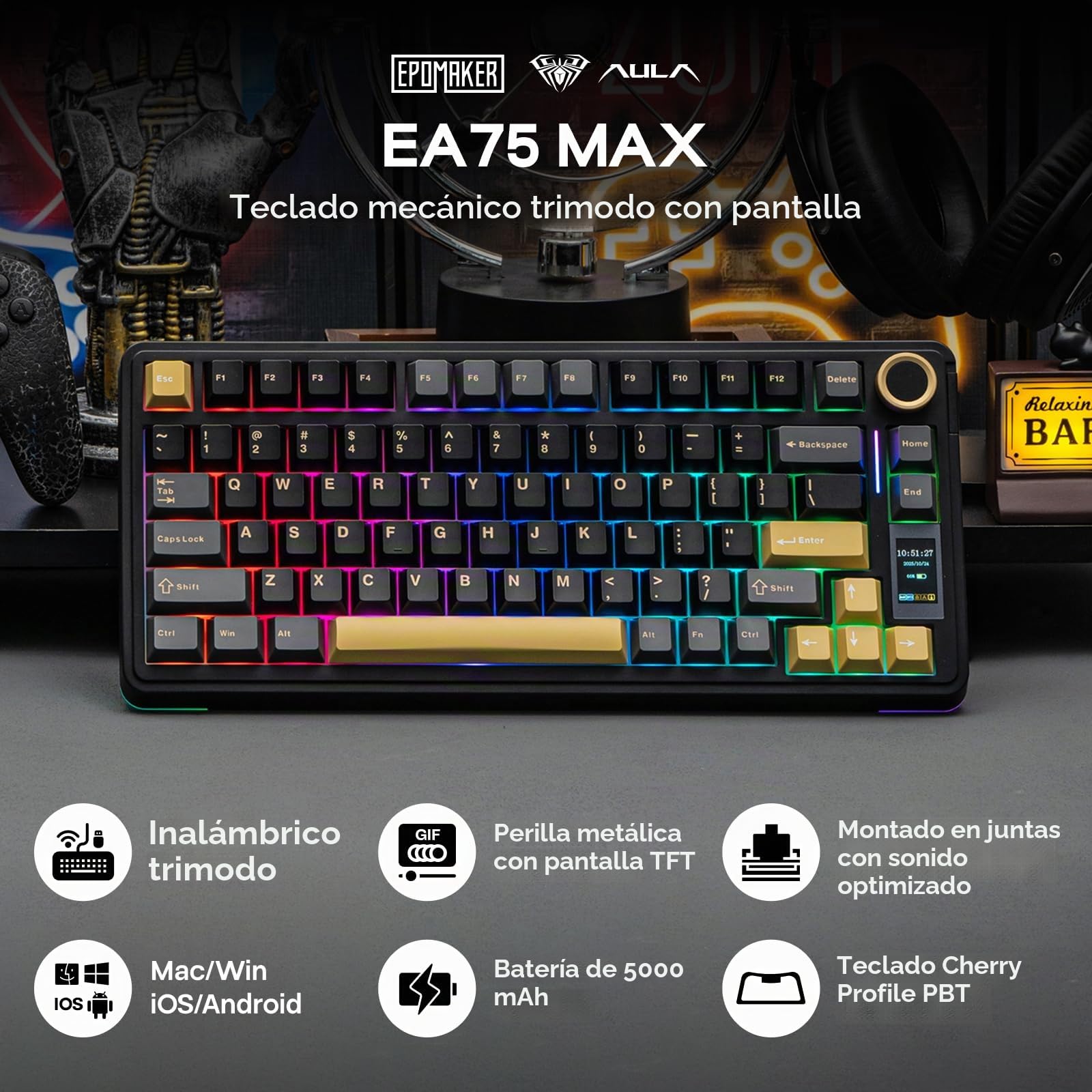 EPOMAKER X Aula EA75 MAX Teclado Mecánico Inalámbrico para Juegos con Pantalla y Perilla, 5000mAh, Hot-Swap, RGB, Teclas PBT,Gasket Suave, Teclado Mecánico del 75%,Formato US (Negro, Silent Switch)