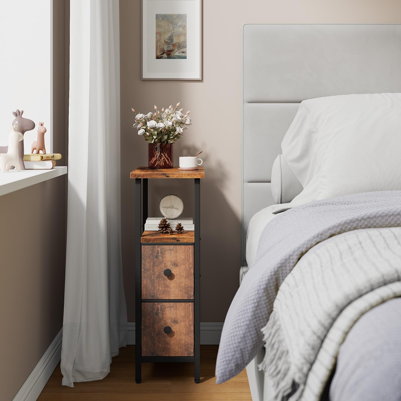 YMYNY Tavolino Salotto Stretto 2 pezzi, Comodino con 2 Cassetti in Tessuto, Tavolino da Letto per Spazi Ridotti, Tavolino da Divano per Camera da Letto e Soggiorno, Marrone Rustico HST019H-2