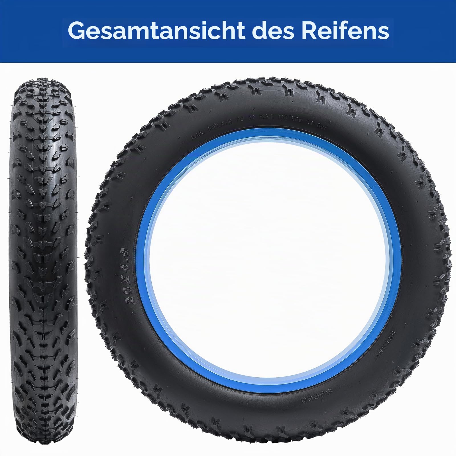 20x4,0 Fat Bike Reifen 102-406, 20 Zoll Reifen, passend für 20 x 4,0 Ebike/Mountain/Rennrad/City Fahrradreifen, Schwarz, Schlauchreifen, Knorrig, Beschränkt