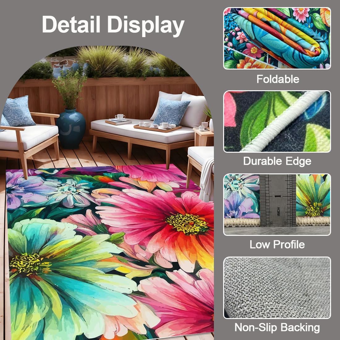 5x7 Pink Green Modern Floral Tropical Outdoor Patio Rug Waterproof Washable Non-Slip Outside Rugs for Balcony Porch Deck Garden Durable Reversible Mat with Flamingo and Flower Pattern