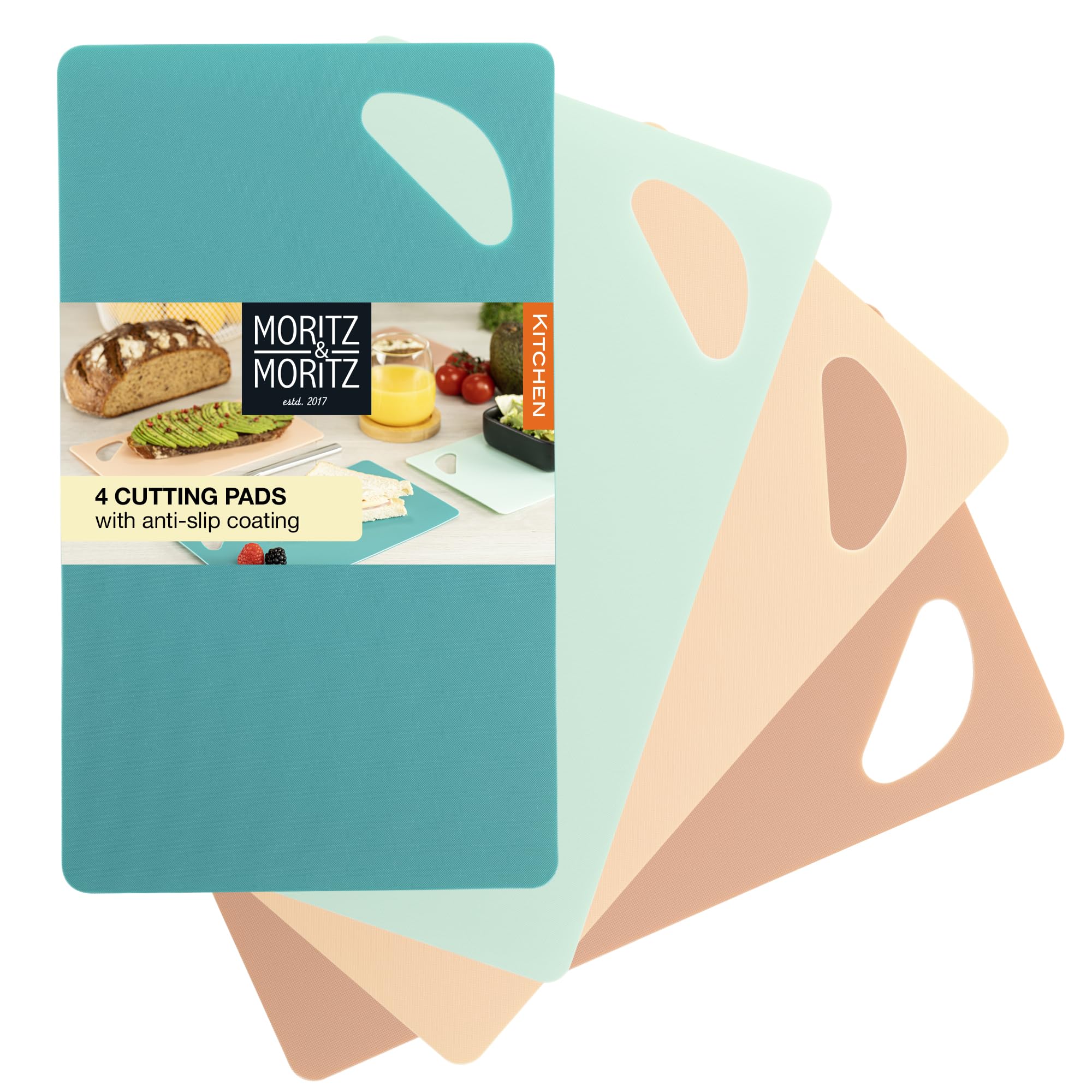 Moritz & Moritz 4X Kitchen Cutting Boards 25 x 14.5cm - Chopping Boards for Kitchens - Coloured Chopping Boards Set - Anti-Slip Surface for Safe Cutting Grip Opening - Flexible Chopping mats
