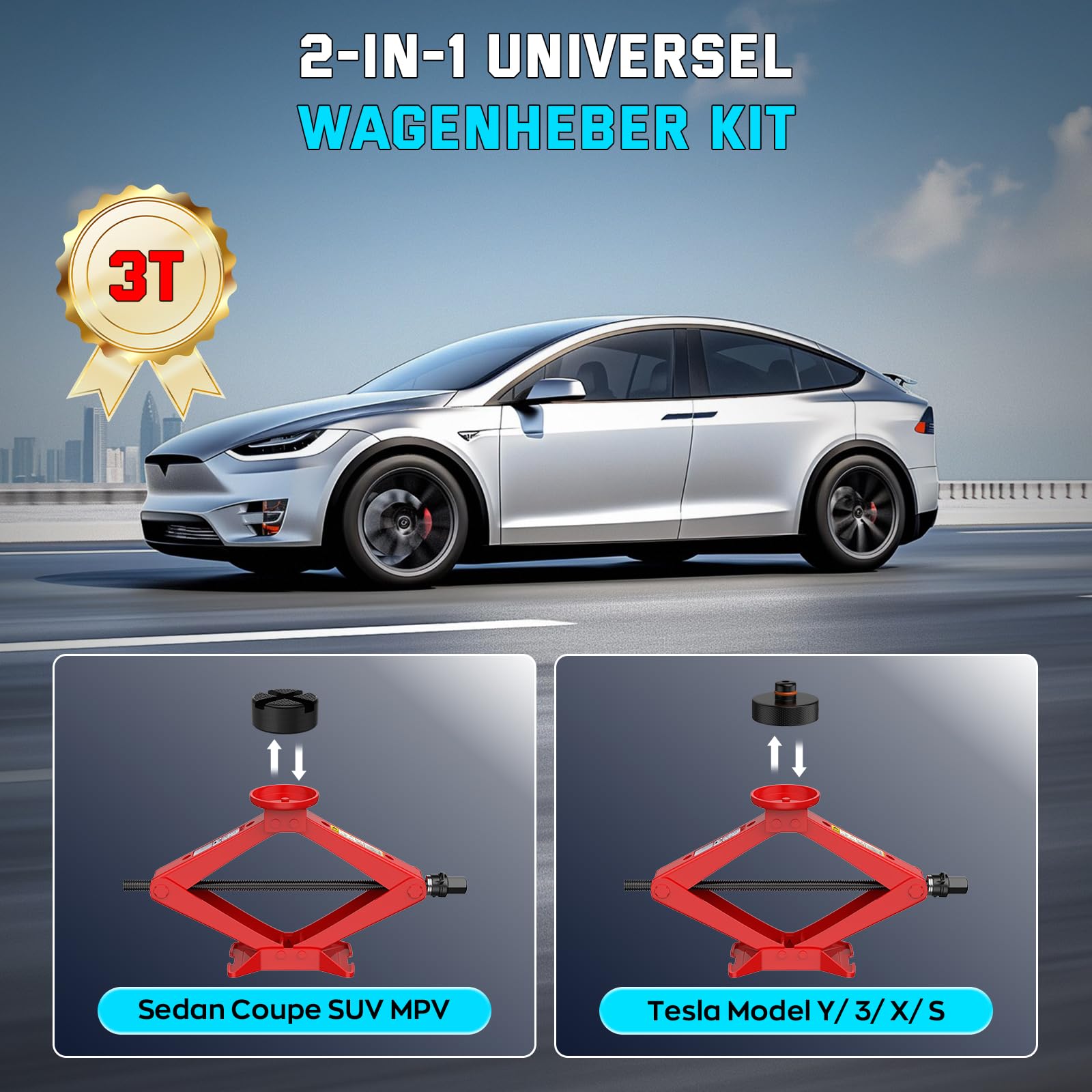 IMAYCC Nuevo Gato para Coche3T/3000kg, Kit de Gato Coche Universal con 2 Piezas Bloque de Goma, Portátil Kit de Emergencia con Llave de Tuercas de Rueda para SUV MPV Tesla