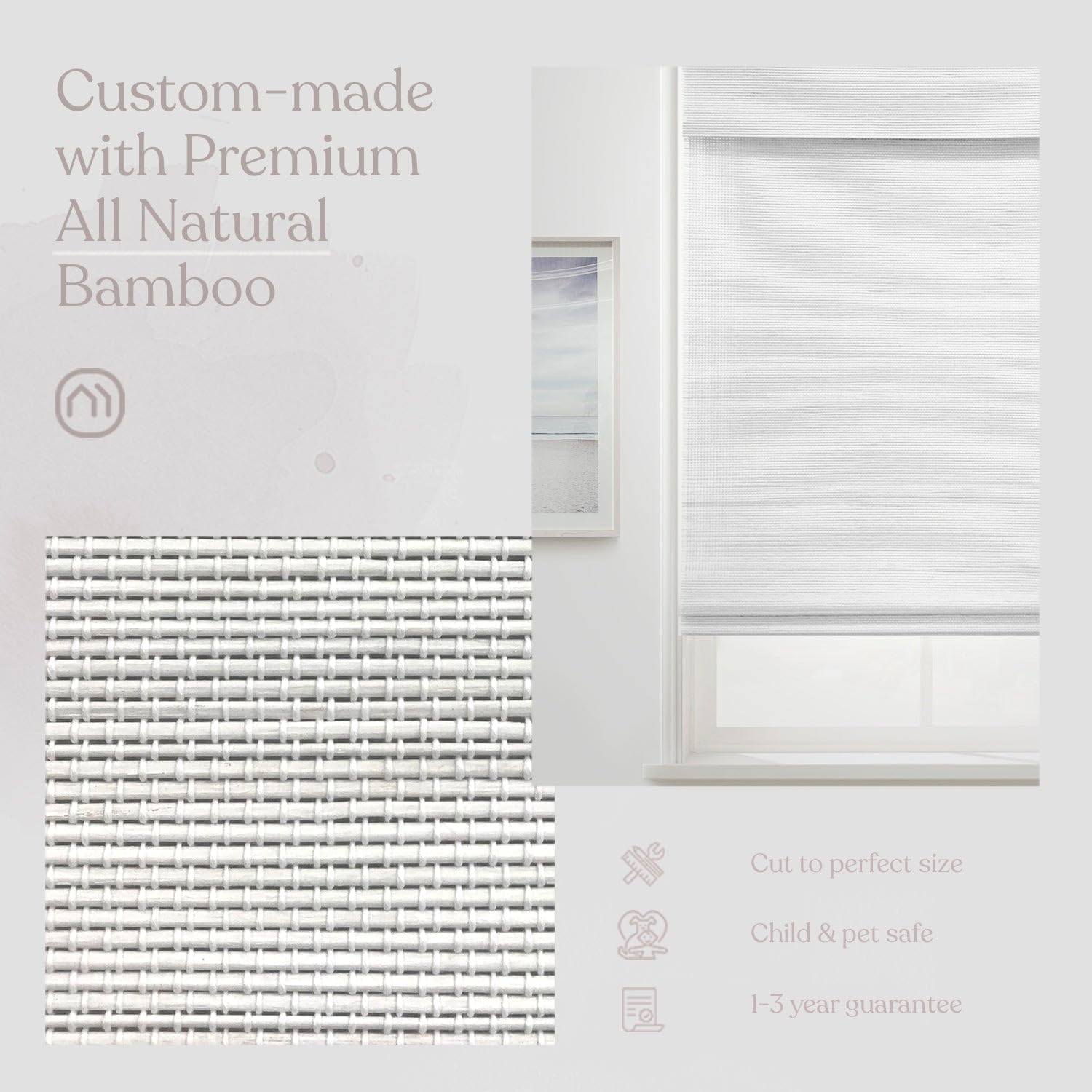 MOOD Custom Bamboo Shades | Woven | Cordless Bamboo Roman Shades for Windows and Doors (Natural Woven) | Woven Frost White (Sheer) | 50" W x 36" H