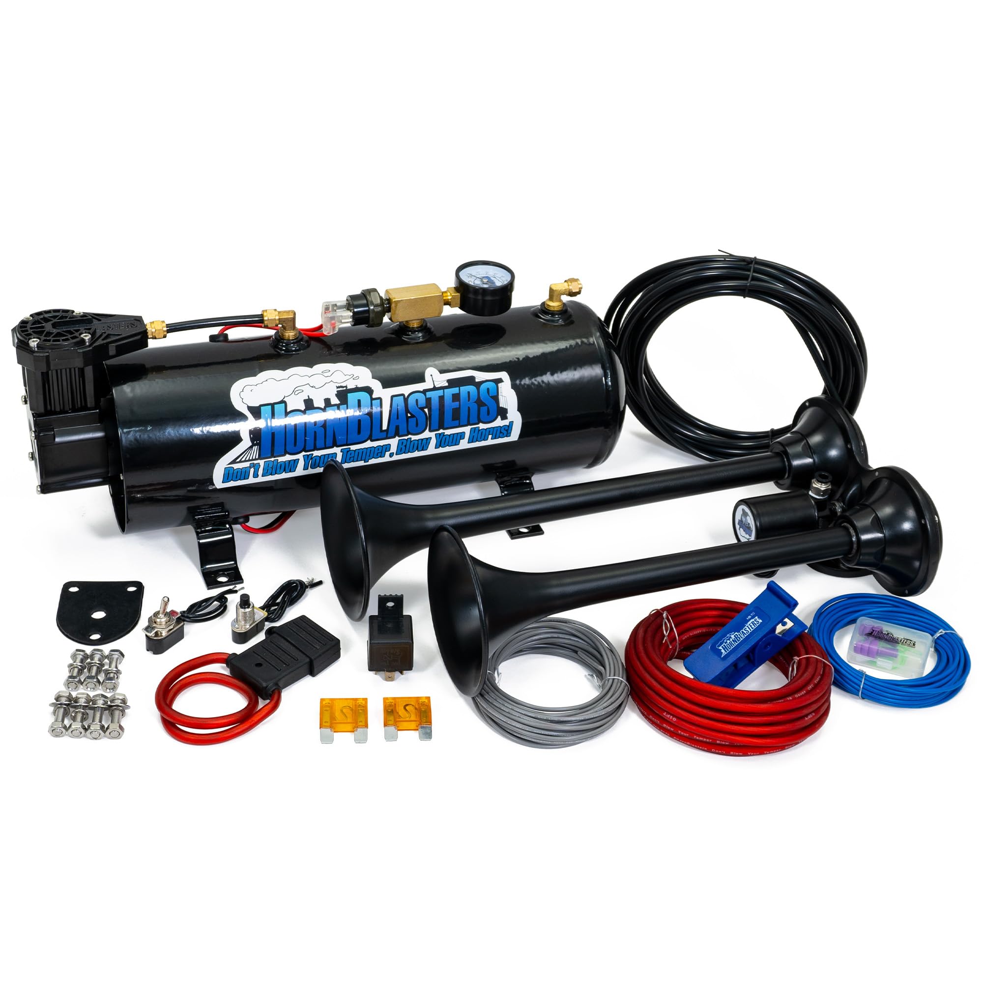 HornBlasters 12V 2-Chime 3-Liter Air Horn Kit with 120 PSI 3-Liter Air Source Unit & 2-Chime Stealth Black Air Horn for Cars & Trucks