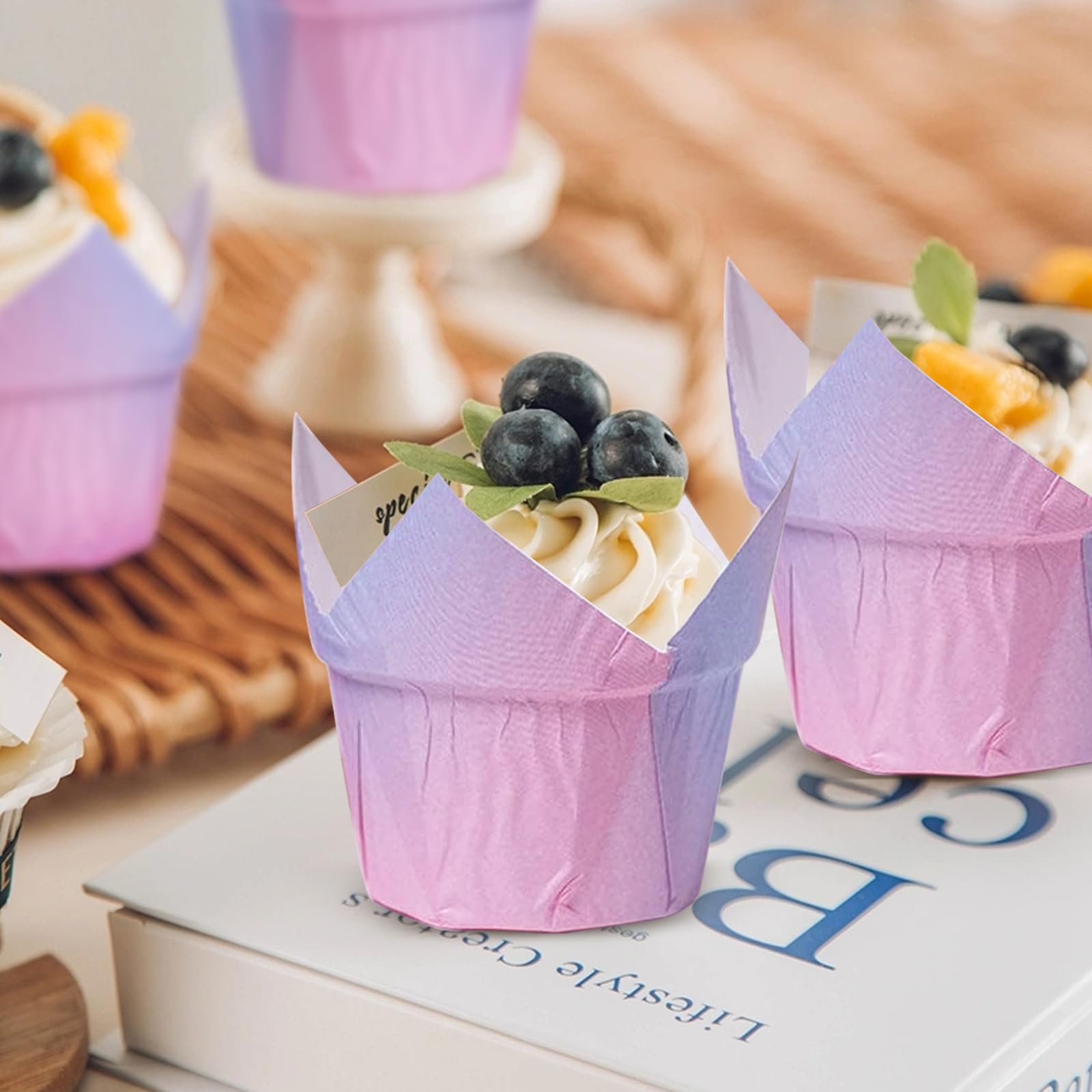 Papierowe foremki do muffinek, 100 sztuk, 50 sztuk dekoracji babeczek, tulipanów, papierowe foremki do muffinek, na przyjęcia urodzinowe, wesela (gradient fioletowy + różowy)