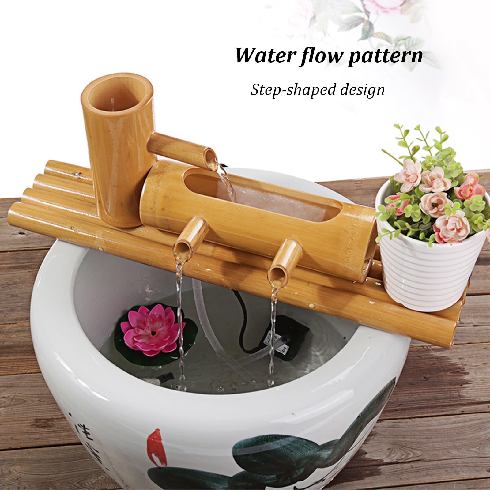 Fontaine Solaire en Bambou, Fontaine Japonaise d'extérieur avec Pompe, Jet d'eau étagé, Fontaine Artisanale en Bambou pour terrasse ou Bassin de Jardin, 30 cm