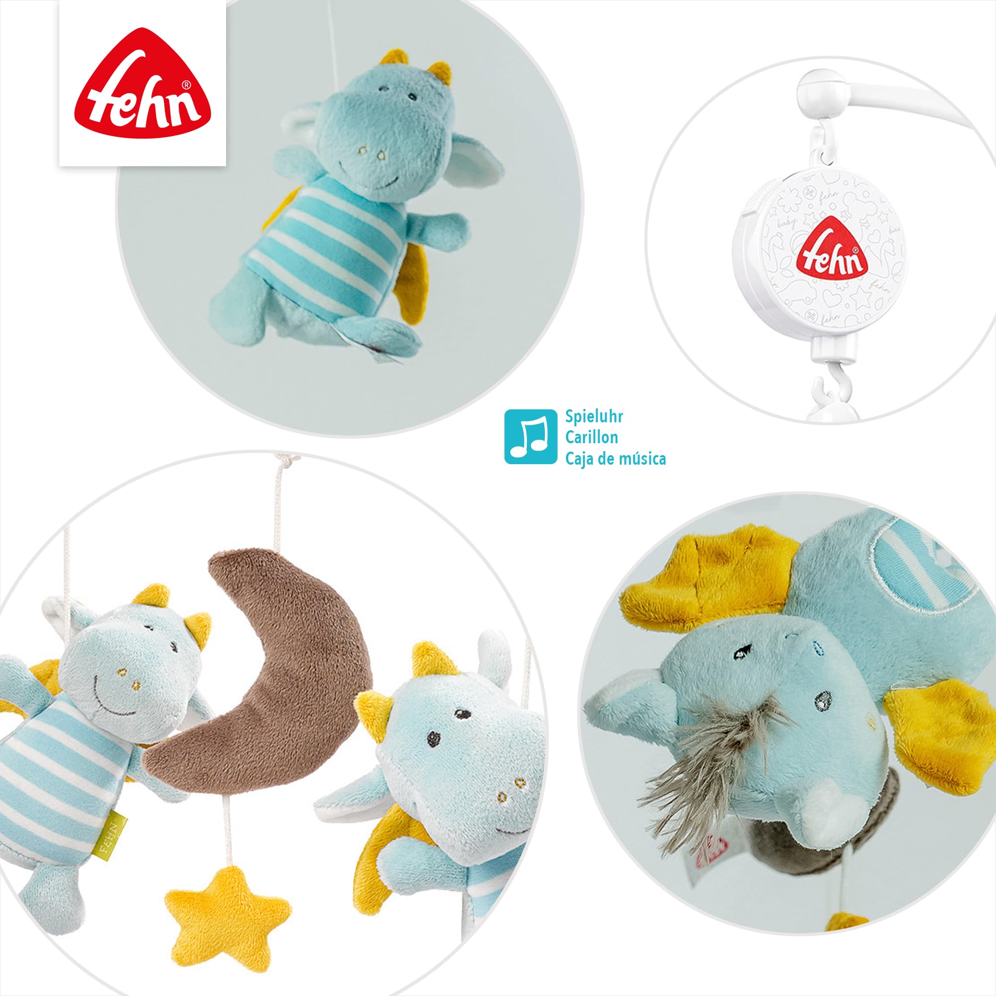 Fehn giostrina musicale Little Castle - mobile da appendere con melodia musicale ninna nanna di Mozart e personaggi per calmare e intrattenere - Con fissaggio al letto per bambini da 0 a 5 mesi