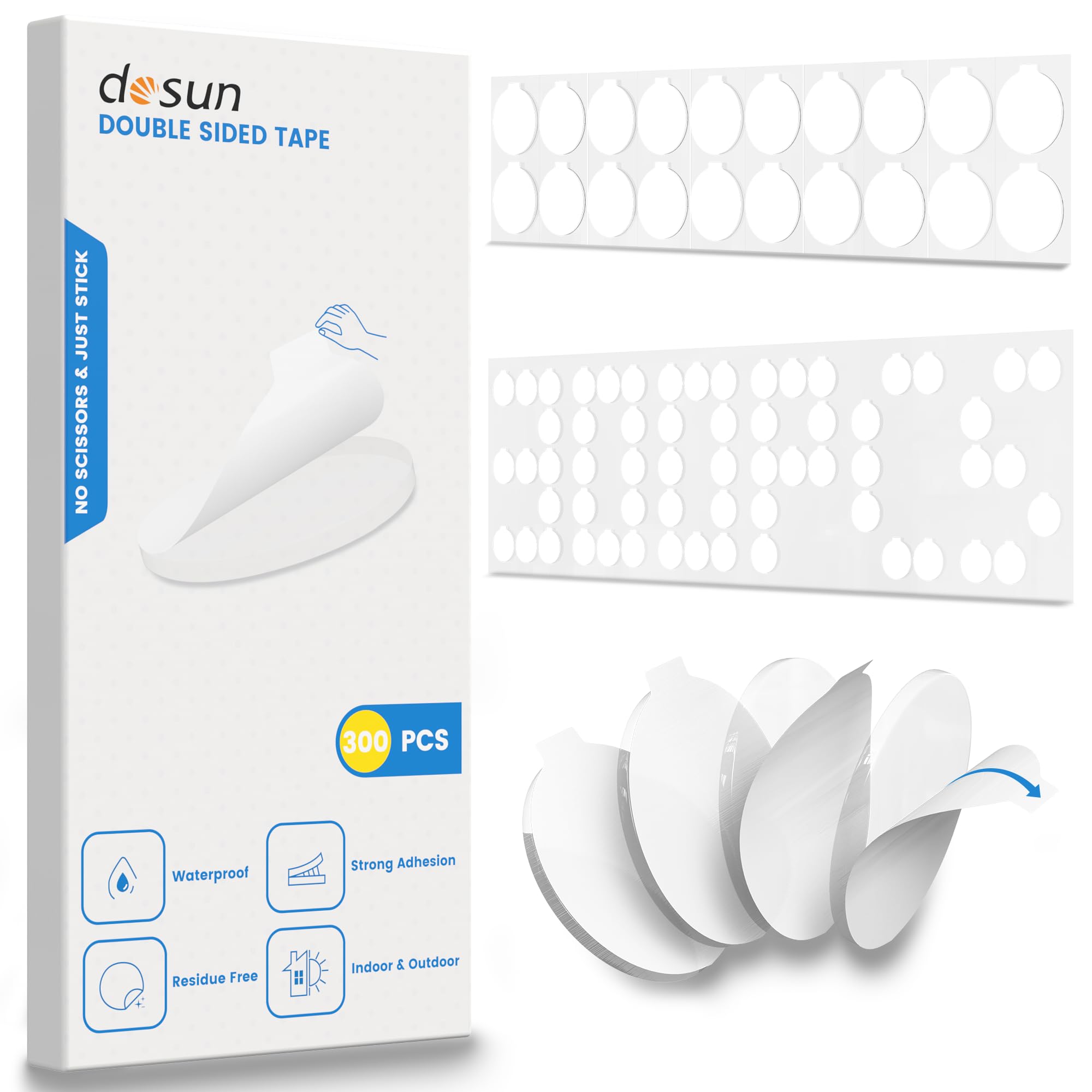 dosun 300PCS 1.5mm Thick Double Sided Tape, Heavy Duty Nano Adhesive Dots, Removable & Residue-Free, Multi-Surface for Home/Car/Office, Pre-Cut Ready to Use