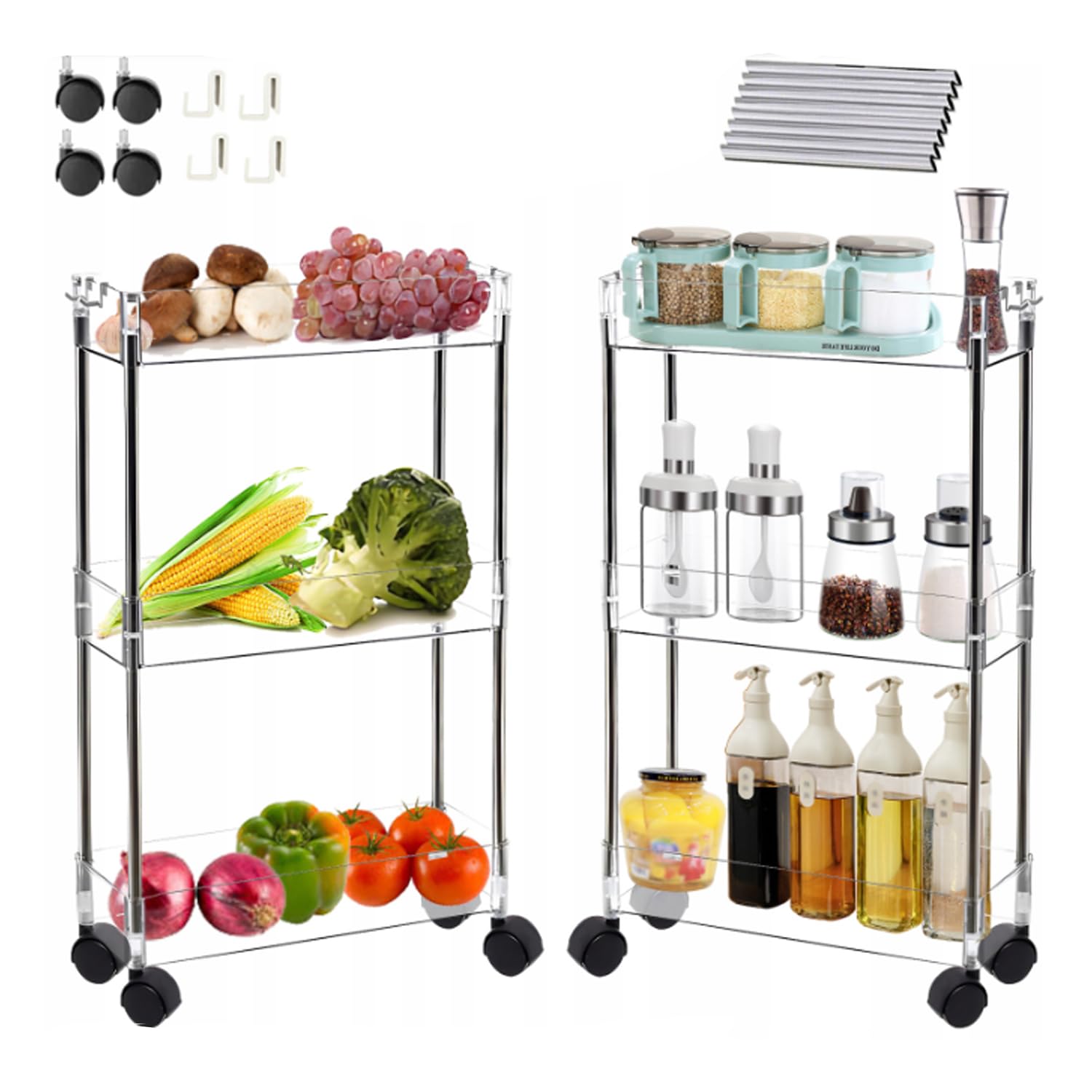 Hooha Carrello portaoggetti a 3 livelli, con ruote, multiuso per cucina, bagno, biancheria, ufficio, camera da letto, piccolo scaffale, 68 cm x 30,5 cm x 9 cm