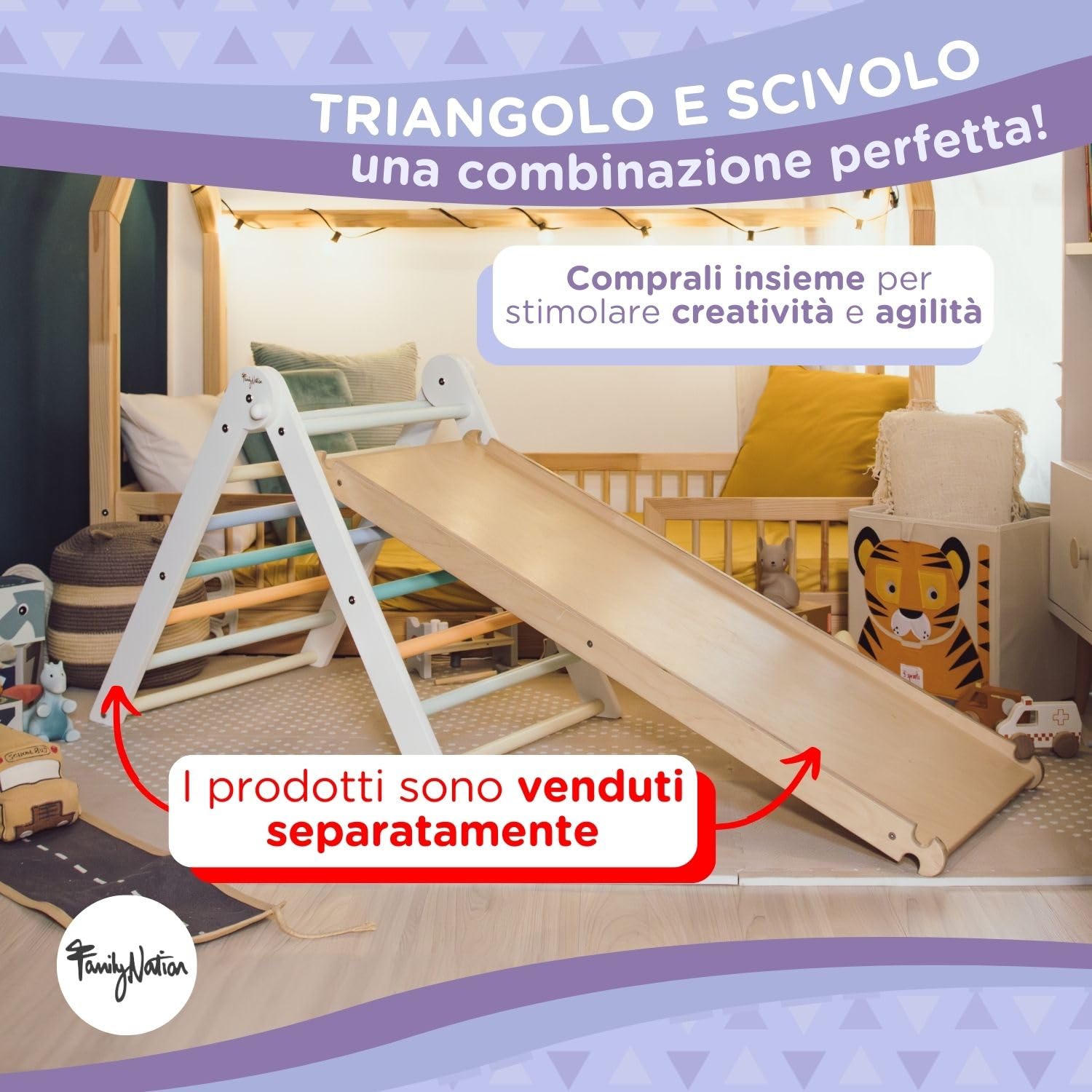 Triangolo Montessori Pikler Sunny Beach per Bambini 1 Anno Struttura in Legno Pieghevole Colori Atossici