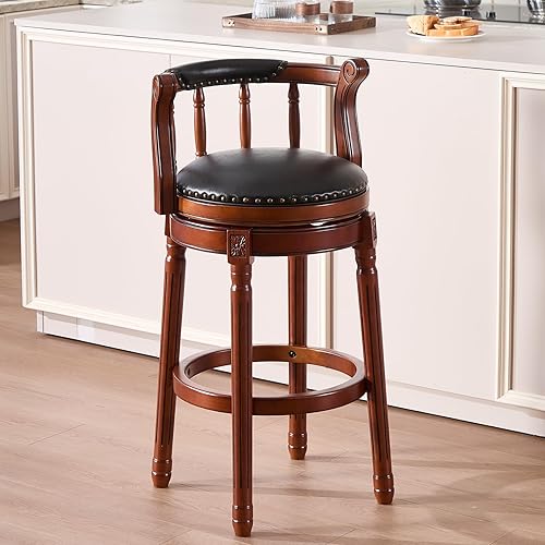 Miniatura 8 de RAINMOOD Taburetes de bar giratorios de madera de cuero auténtico, taburetes de bar de altura de mostrador con reposapiés para isla de cocina en el
