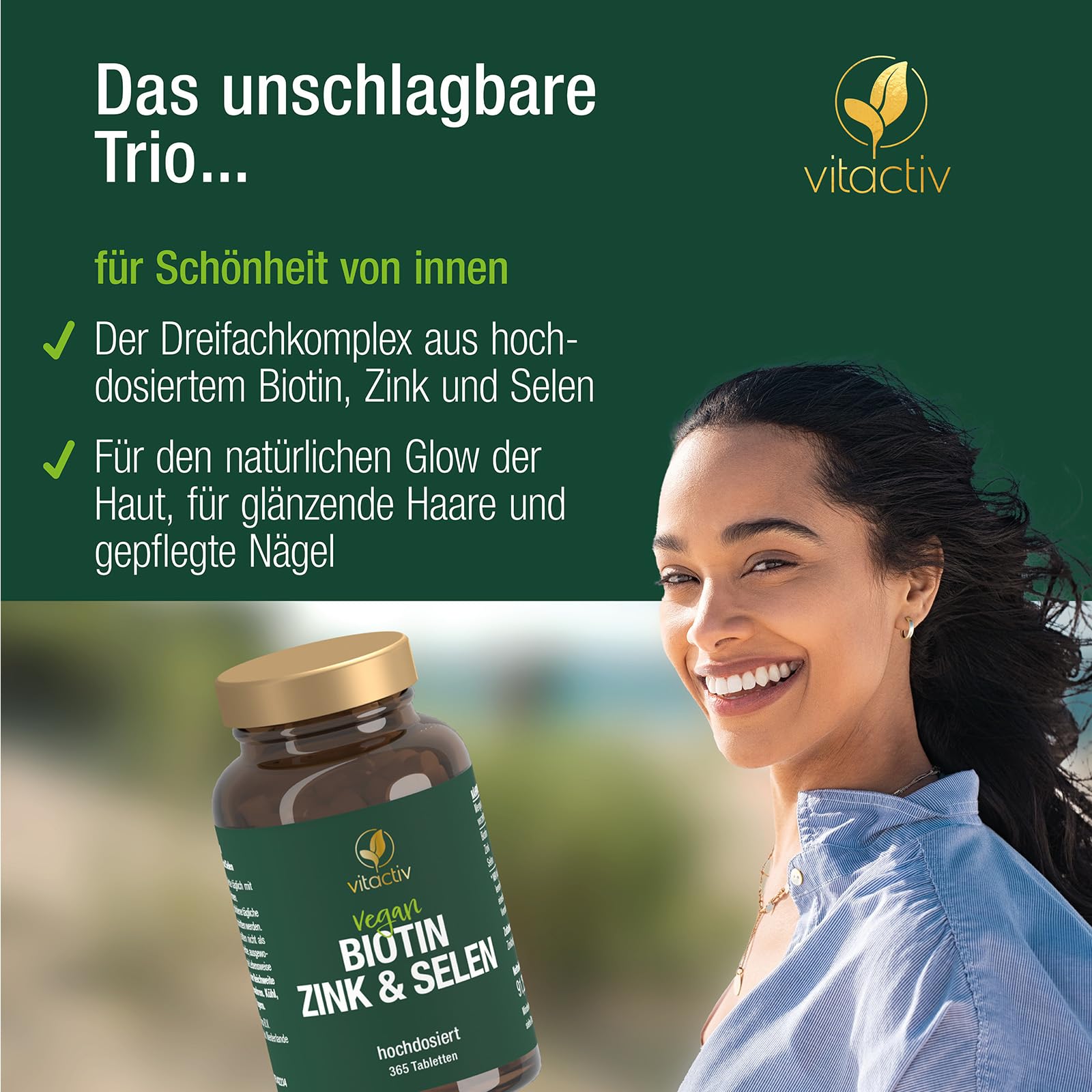 VITACTIV Biotin Zink Selen - Haut Haare Nägel Tabletten, Hochdosiert mit 10000 mcg Biotin pro Tagesverzehr - Herstellung in Deutschland, Laborgeprüft - Vegan, Zuckerfrei - 1095 Stück, Jahresvorrat