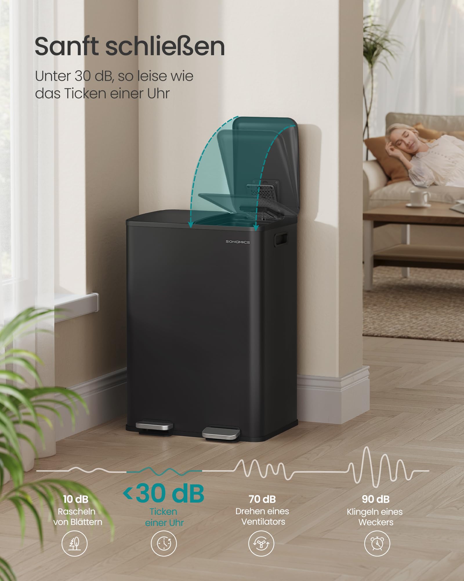 SONGMICS Mülleimer Küche 2 x 30 Liter 2 Fächer Tretmülleimer mit Softclose-Deckel Stahl tintenschwarz LTB741B02