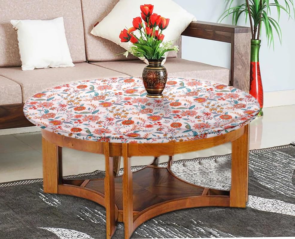 Image of The Furnishing Tree Elastic Cotton Round Center Table Cover 24x24 in Inches Floral Multicolor on offwhite Base