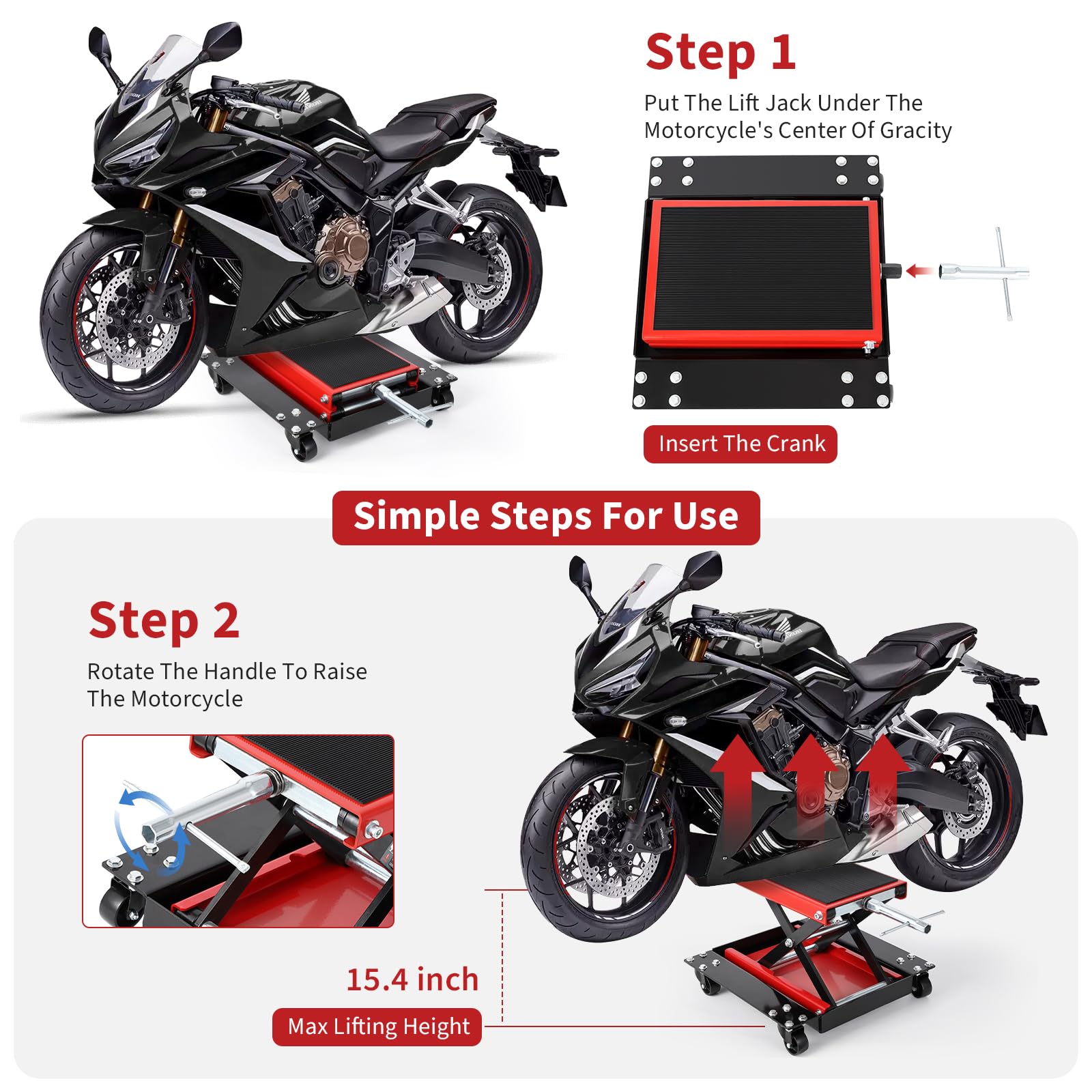 Garvee Motorrad Scherenheber 1100 lbs – Robuster Stahlheber mit Handkurbel & Dolly – Höhenverstellbar 8-39 cm – Perfekt für Wartung, Ölwechsel & Reparatur von Straßen- und Touring-Bikes –