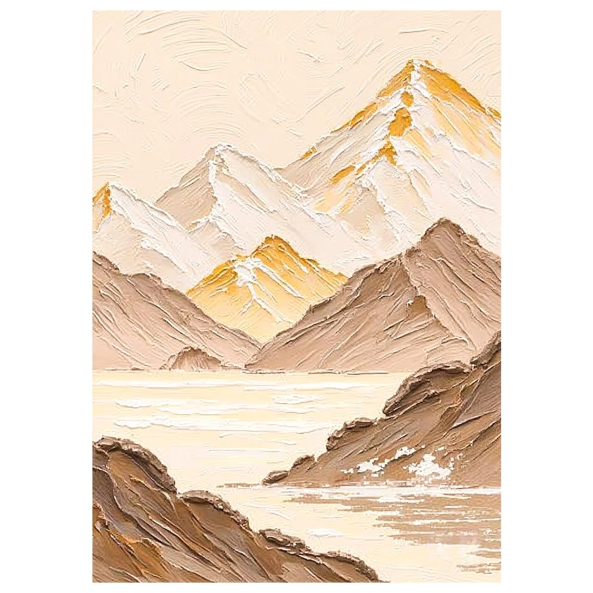 LCDIUDIU Oil Paintings On Canvas Hand Painted Large Sunlit Golden Mountain Lake Wall Art Brown Textured Snow Mountain Landscape Wall Decor Modern Artwork for Living Room Bedroom 70X100Cm(28X40Inch)