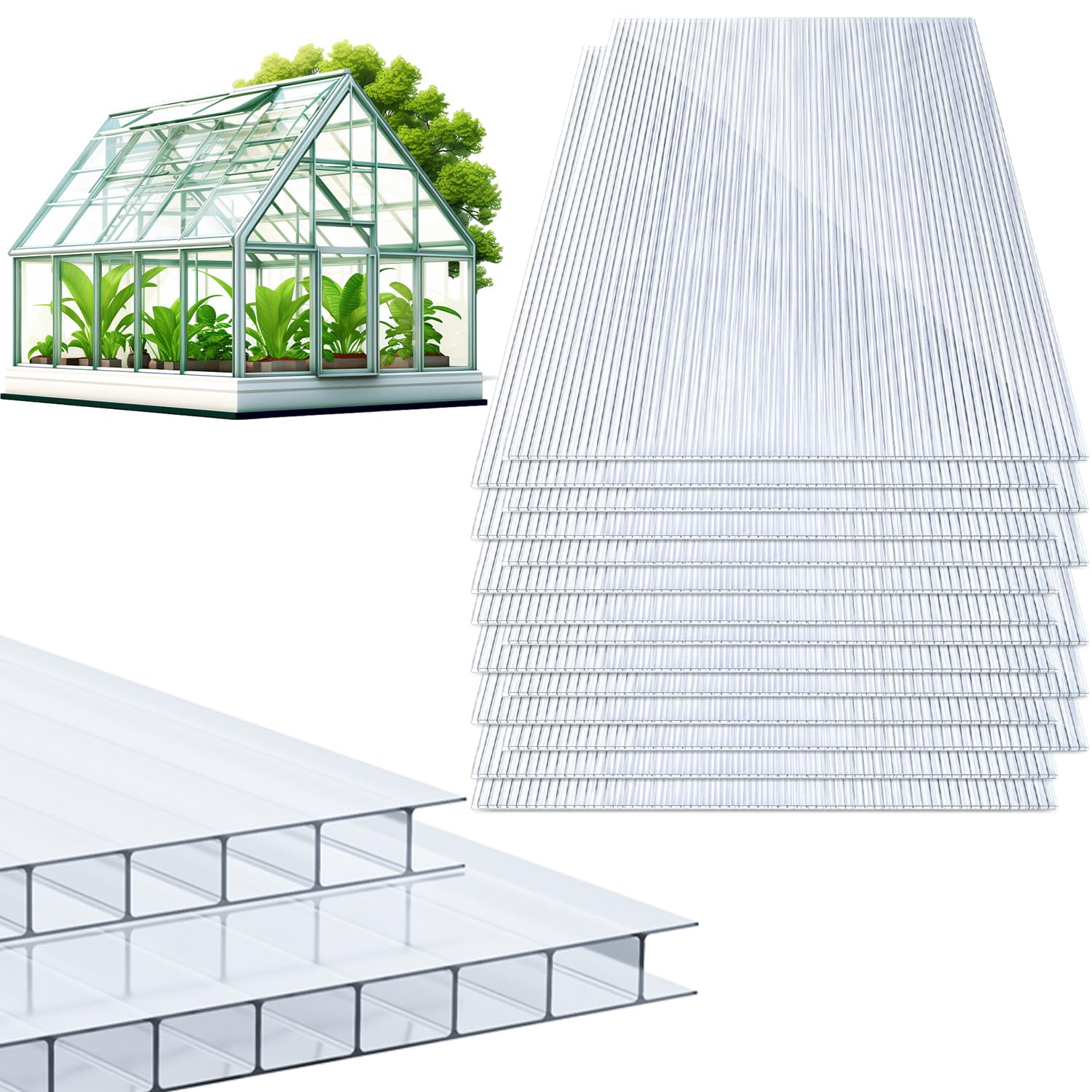 Hohlkammerstegplatten für Gewächshaus Garten Treibhaus Ersatzplatten 14x Polycarbonat Doppelstegplatte (60.5 x 121cm) 4mm | 10,25 m²