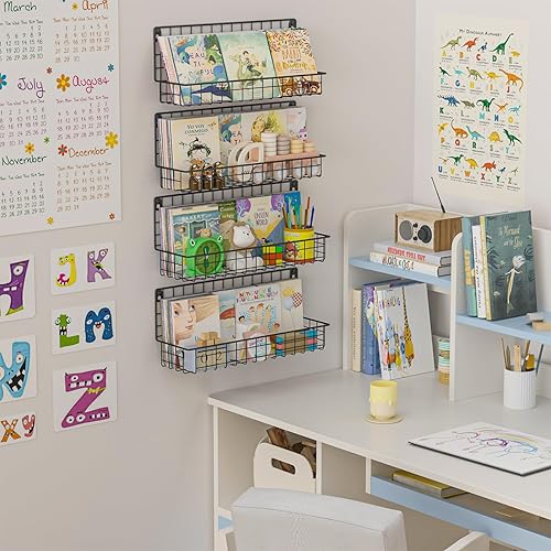 Miniatura 4 de X-cosrack Paquete de 4 estanterías de metal montadas en la pared, estantes flotantes para libros para niños, guardería, aula infantil, organizador
