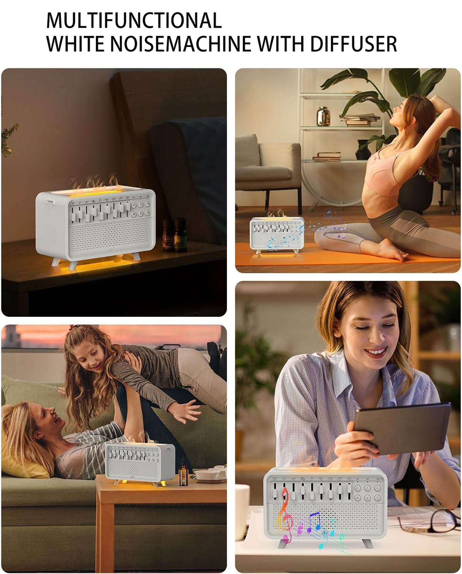 White Noise Sound Nawilżacz zapachowy - dyfuzor olejków eterycznych do domu, nawilżacz powietrza z 8 białymi efektami szumów i symulacją płomienia, głośnik, do spania, salonu, biura