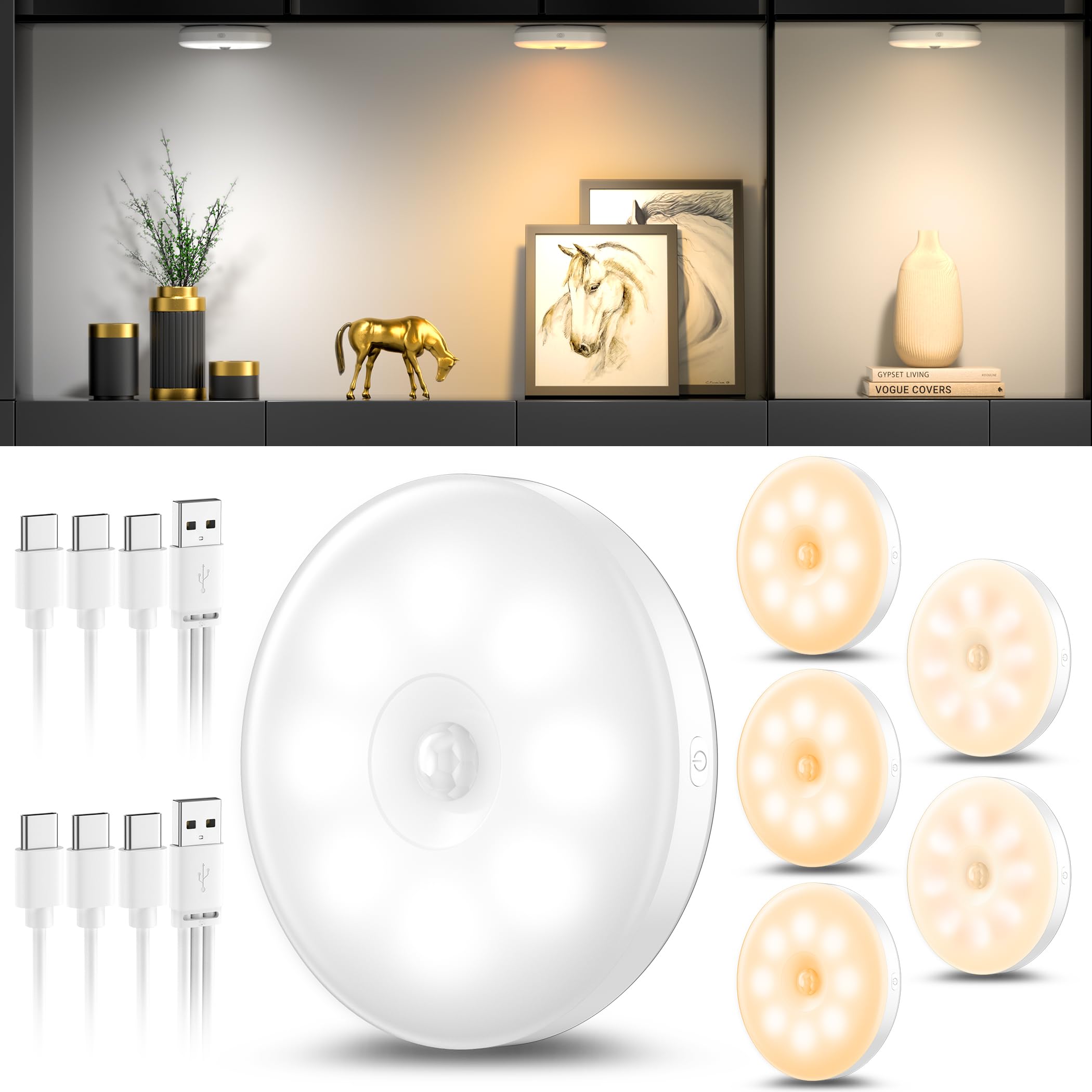 daphomeu 6 Stück Nachtlicht mit Bewegungsmelder,Dreifarbige USB Wiederaufladbare LED-Licht,Schrankbeleuchtung,Bewegungsmelder innen für Treppenbeleuchtung,Schlafzimmer, Küche, Kinderzimmer.