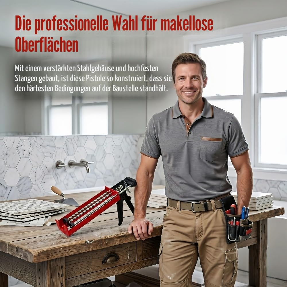 Doppeldichtstoffpistole für Doppelkomponenten (Mischungsverhältnis 1:1), bis zu 400 ml, manuelle Dichtstoffpistole für Klebstoffe, Dichtstoffe, Epoxid, mit 2 Silikon-Nahtwerkzeugen, Rot