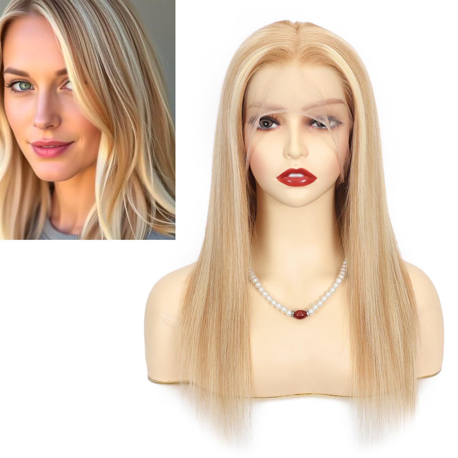 Peruka z prawdziwych włosów, blond pasemka P27/613#, 100% ludzkie włosy, pełna koronka, przezroczysta koronka, wstępnie plucked 35 cm