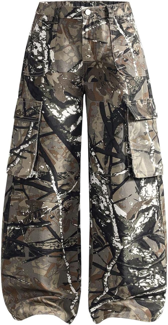 GORGLITTER Boy's Camo Baggy Jeans 8-12 Y2K Flap Pockets Vintage Straight Wide Leg Cargo Denim Pants