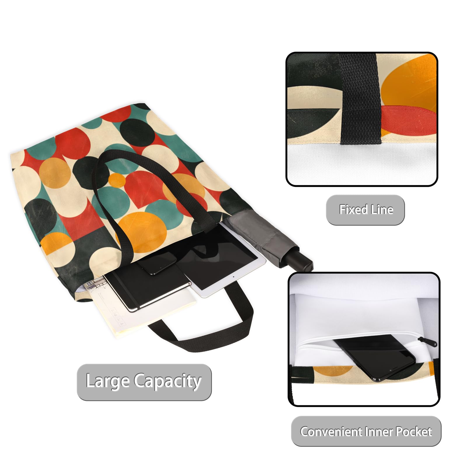 Mularoka Circular Geometric Colour Large Capacity Canvas Tote Bag Stylish Handheld Shoulder Bag Reusable Shopping Bag for Work Travel Beach Trips Shopping