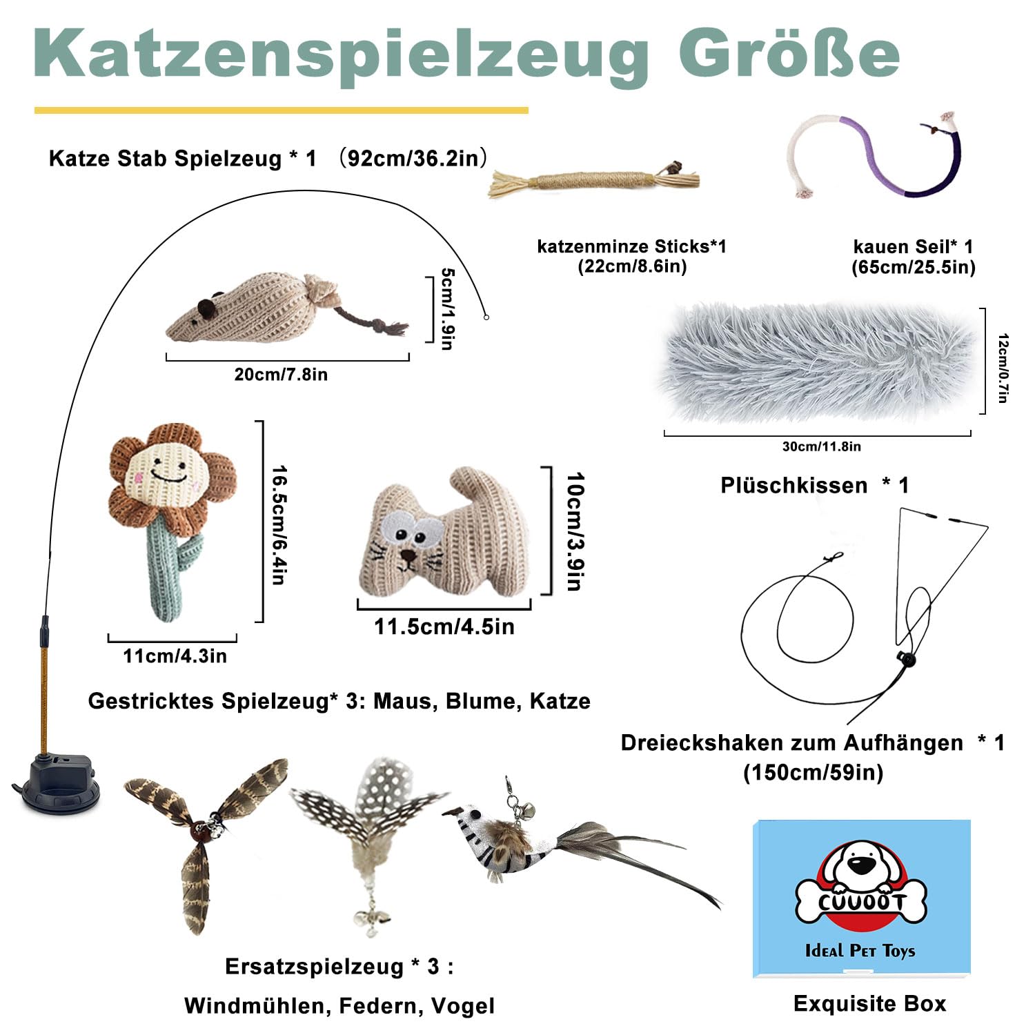 7-in-1 Interaktives Katzenspielzeug Selbstbeschäftigung Katzenangel mit waschbarem Saugnapf, Hängendes Katzenspielzeug, Katzenminze Stick und Katze Beißseil Kauspielzeug Feder