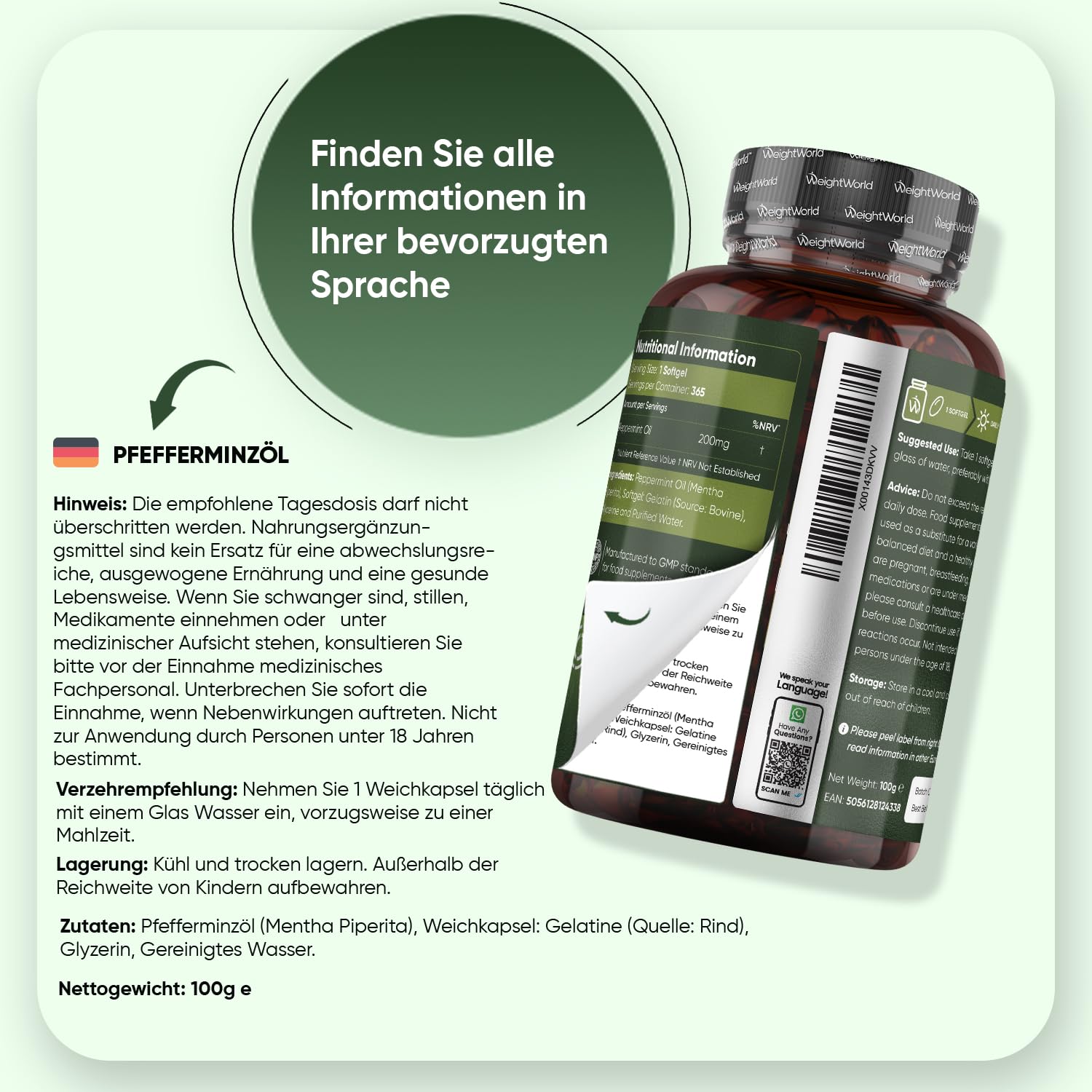 Pfefferminzöl Weichkapseln - 200mg Pfefferminz Öl pro Softgel - 365 Pure Peppermint Oil Weichkapseln - 1 Jahr Vorrat - Glutenfrei, Laktosefrei & Ohne Gentechink - Pfefferminze - WeightWorld