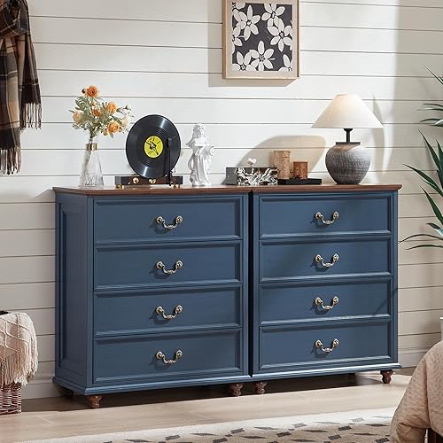 Miniatura 26 de Cómoda de 5 cajones estilo granja para dormitorio, cofres de cajones rústicos de 45" de alto con 4 patas de madera maciza, cómodas de almacenamiento