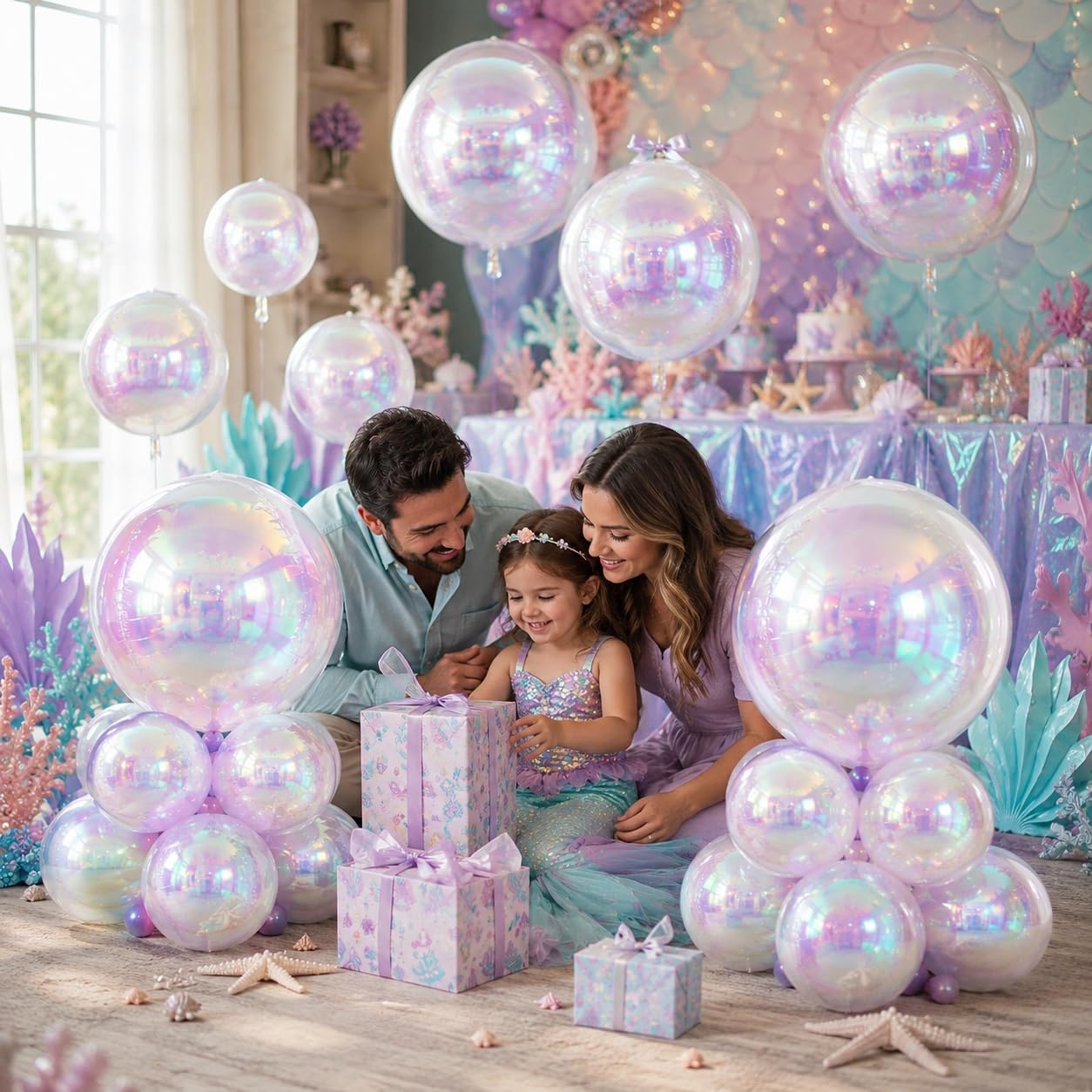 12 globos redondos iridiscentes de papel de aluminio, 22" 15" 10" globo transparente 4D, globos holográficos para cumpleaños, boda, arcoíris plegable bajo el mar, decoración de fiesta de sirena