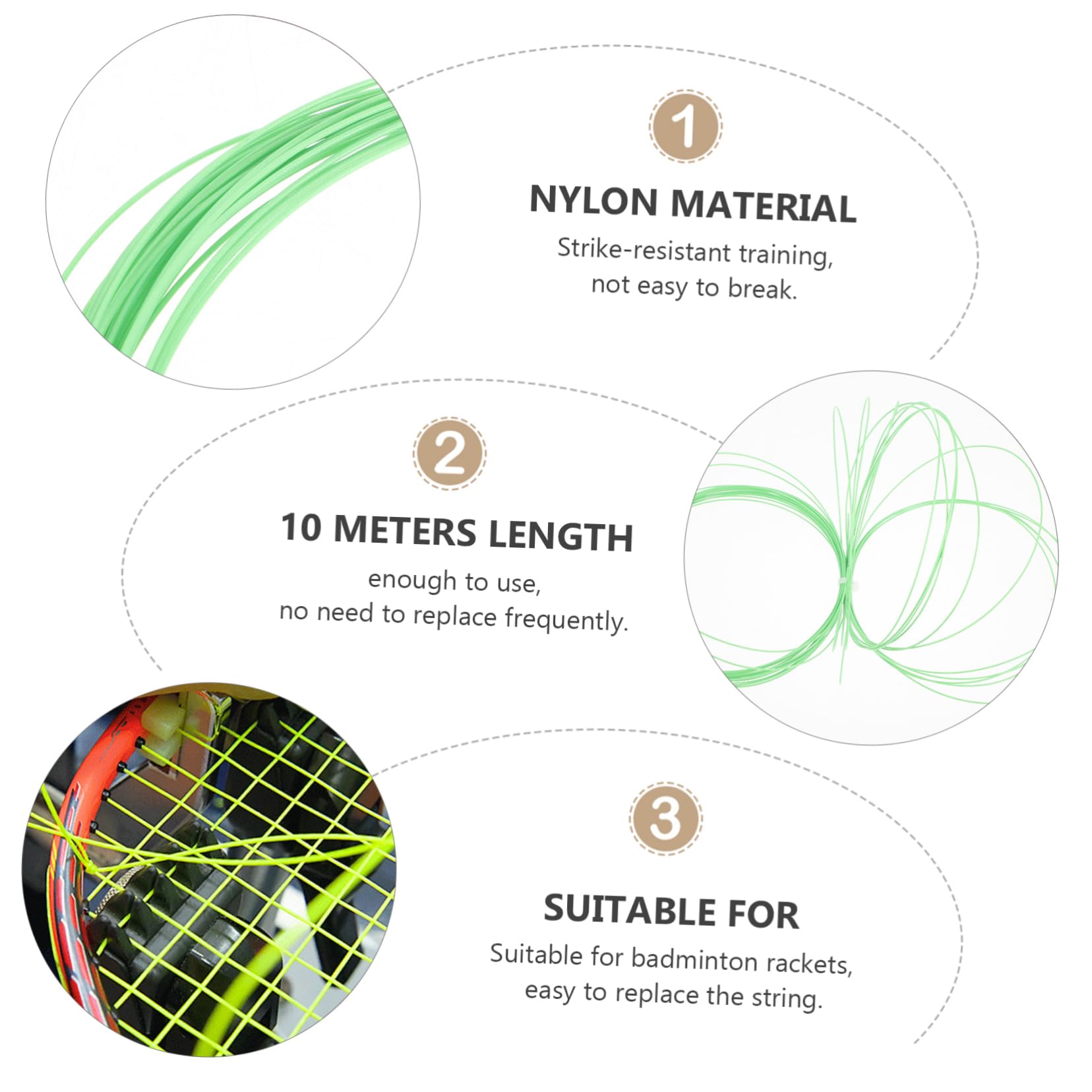 KICHOUSE Badminton Racket String Machine 0.70mm Nylon Thread 10m Green Training Racket String Replacement