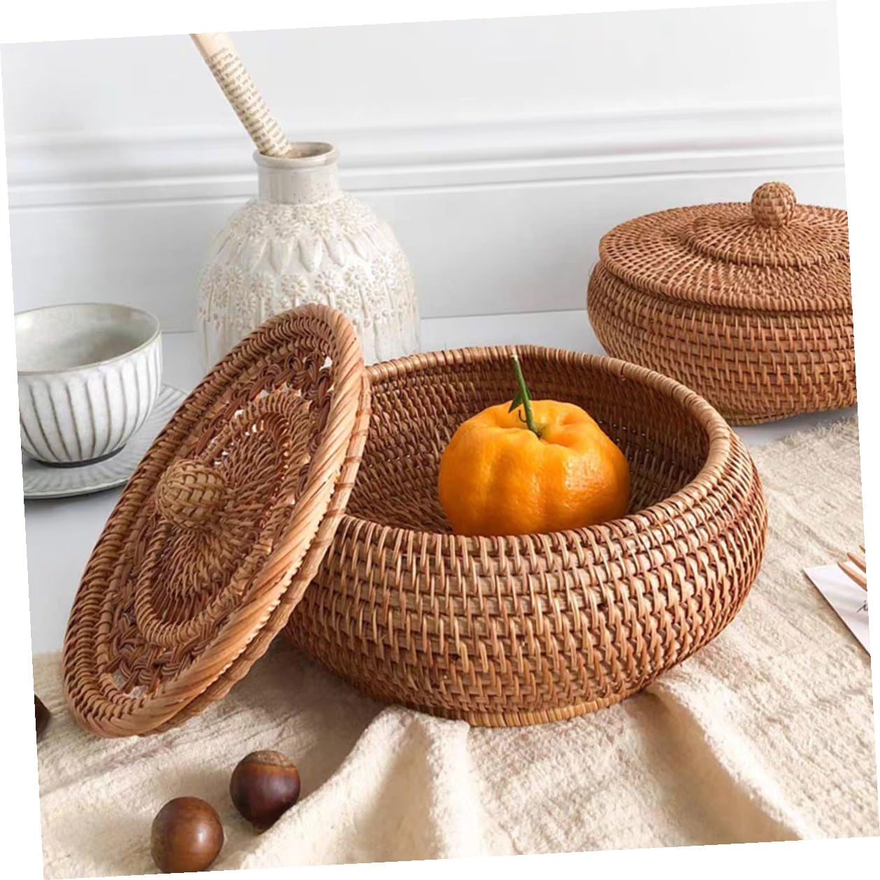 Veemoon Cesto Porta Dolci in Rattan Intrecciato Contenitore Versatile Coperchio per Snack e Dolci, per Regalo di Inaugurazione Casa o Studio