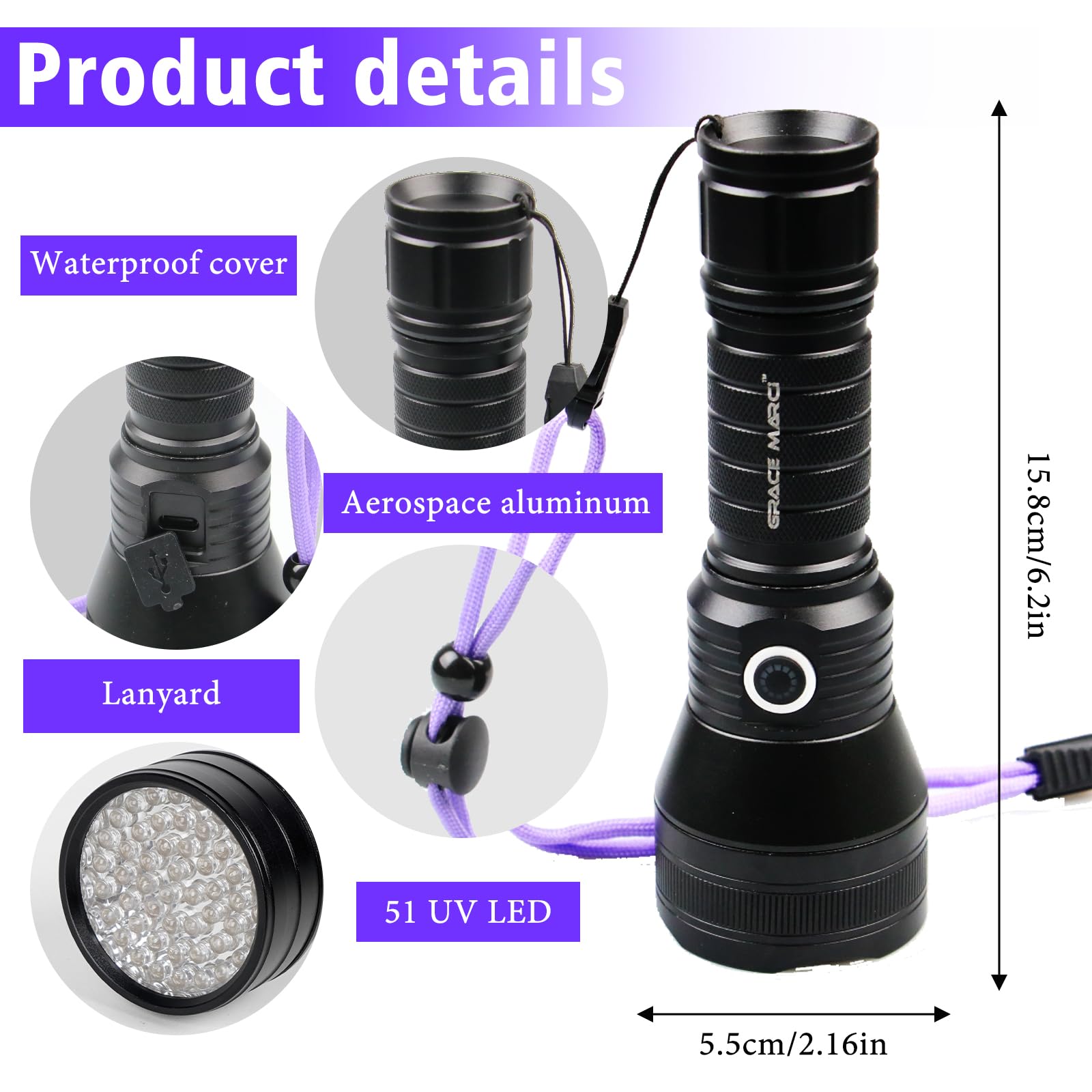 Linterna UV recargable, 51 LED de 395 nm, luz negra, luz UV ultravioleta, detector de orina de mascotas para orina de perro/gato, manchas secas, chinches, curado de resina, escorpiones