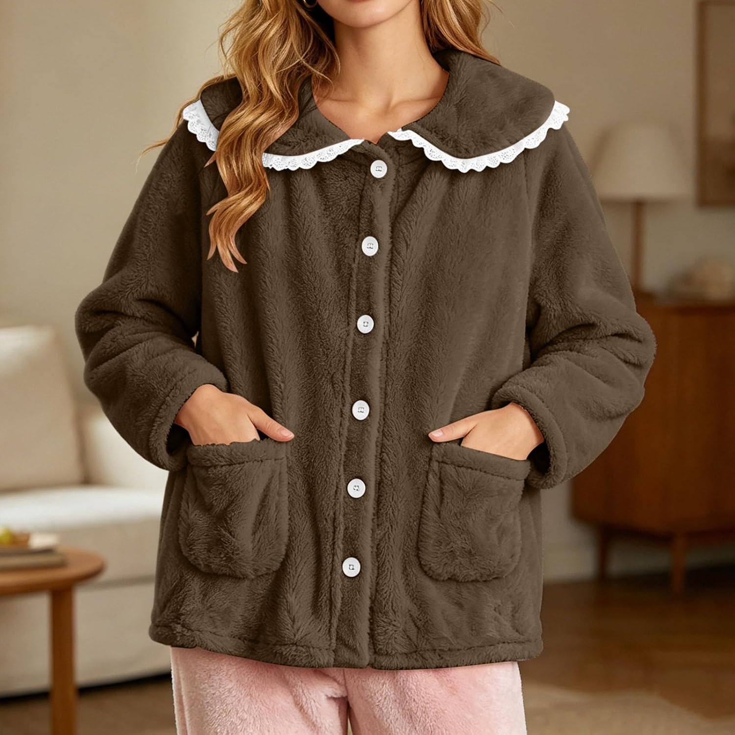 Cozy Plush Fleece Pajama Tops with Lace Peter Pan Collar for Women | Plush Fleece Pajama Tops with Peter Pan Collar, Button and Pockets for Sleep, Lounging, Cold Mornings and Homewear
