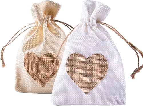 Miniatura 10 de YUKUNTANG Bolsas de arpillera, 20 paquetes de 5 x 7 pulgadas, bolsa con cordón de corazón, bolsillos de lino para regalo de dulces, para bodas,